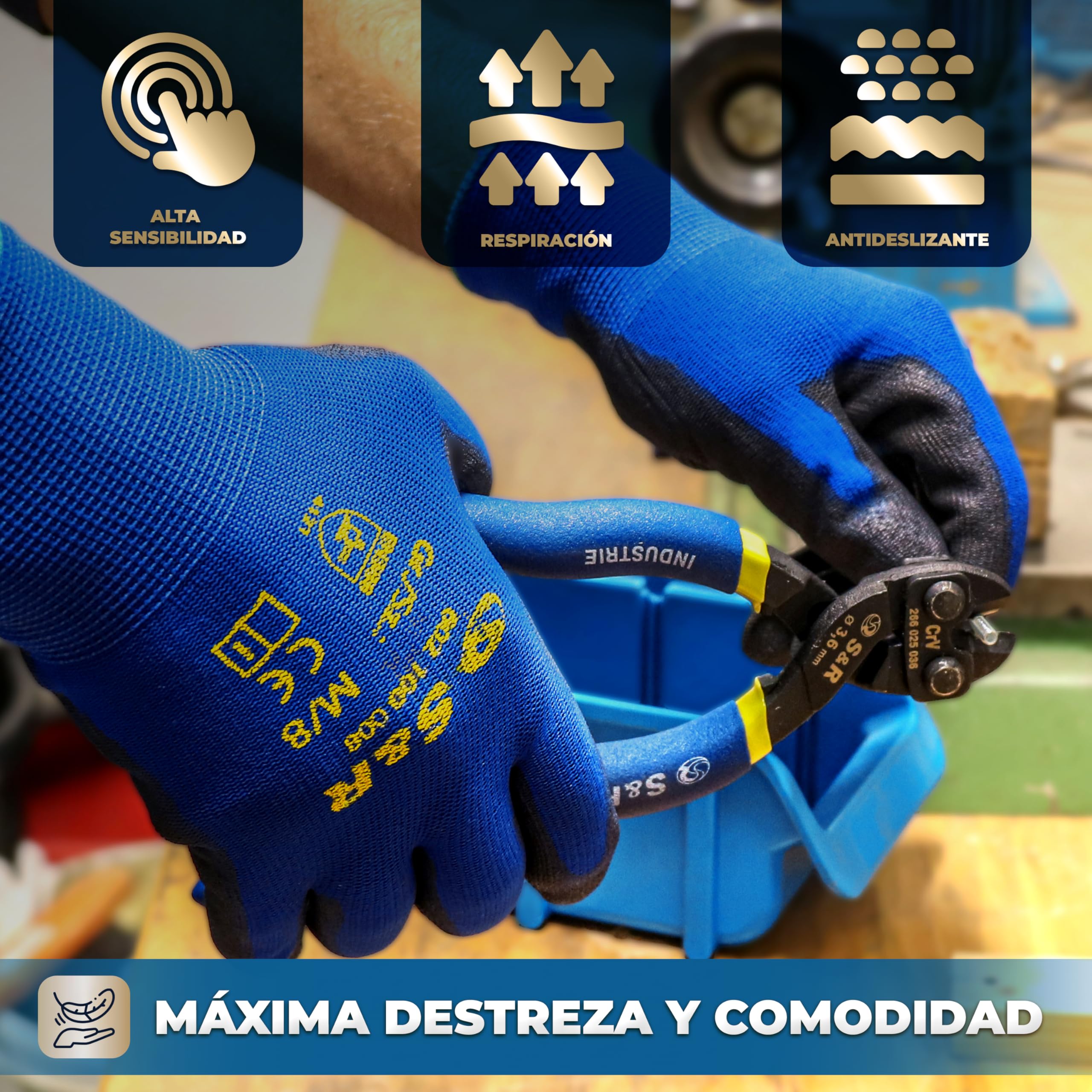 S&R 12 PARES Guantes de Trabajo Bricolaje Jardinería Construcción Pintura. Guantes con Nailon para Hombre Mujer Ligeros y Resistentes Tallas 8/9 / 10