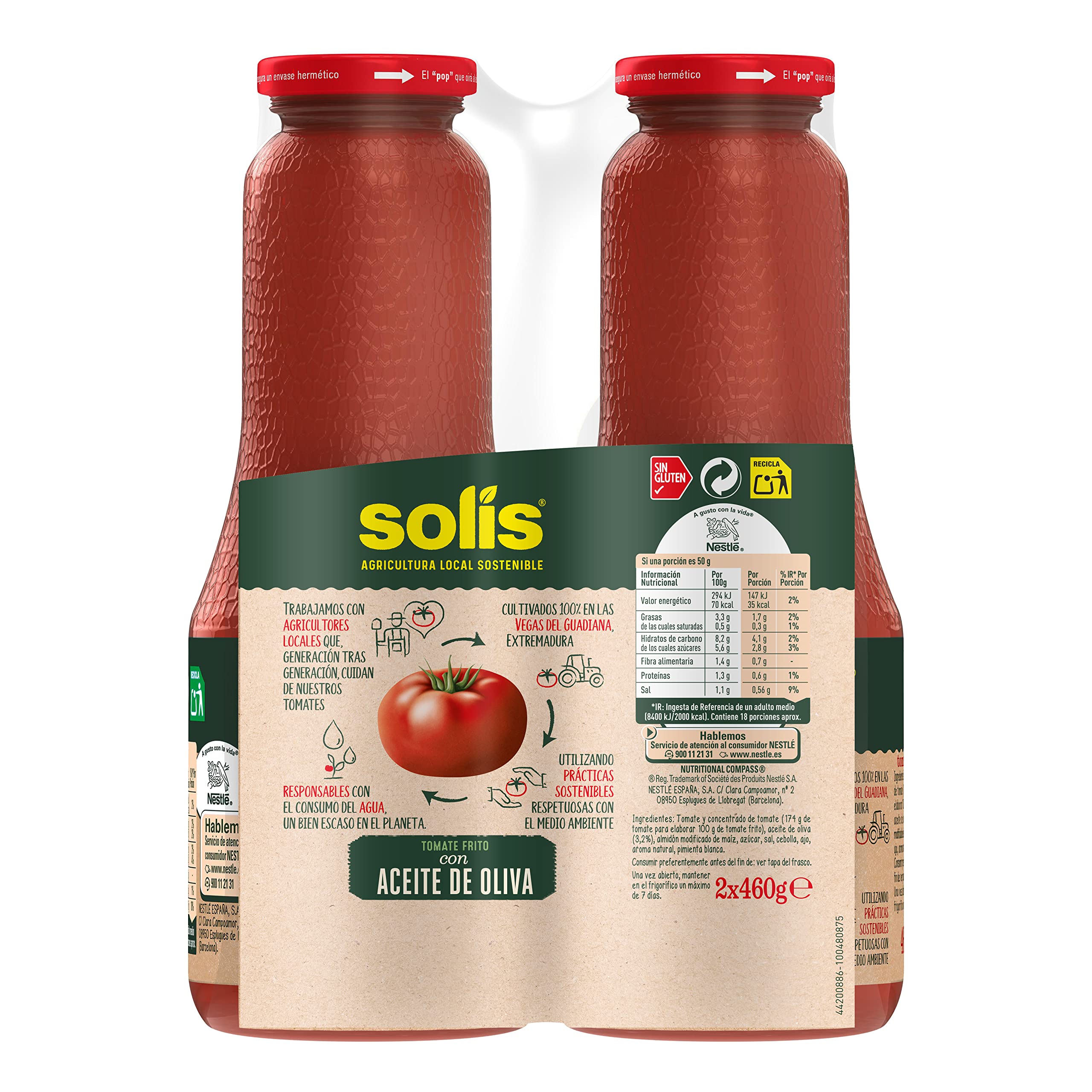 SOLÍS Tomate Frito con Aceite de Oliva Bipack Frasco Cristal- Sin Gluten - 2 x 460 g