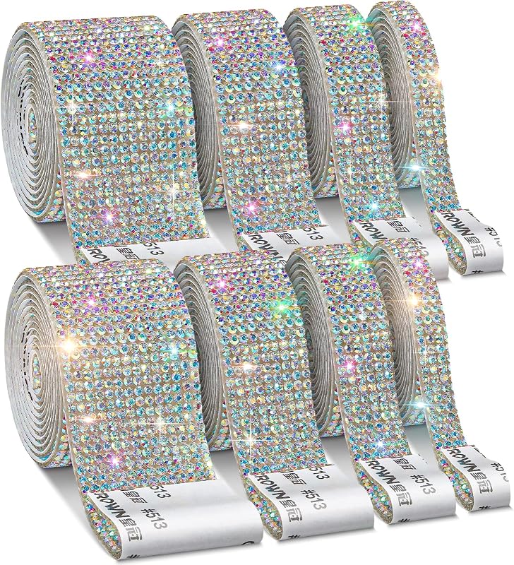8 Rolls Rhinestone Ribbons,Cludoo 8 Yard Silver Self Adhesive Rhinestone Ribbon, Bling Crystal Diamond Ribbon Roll Wrap Glittering Rhinestones Sticker for Decoration Car DIY Arts Crafts Wedding Party