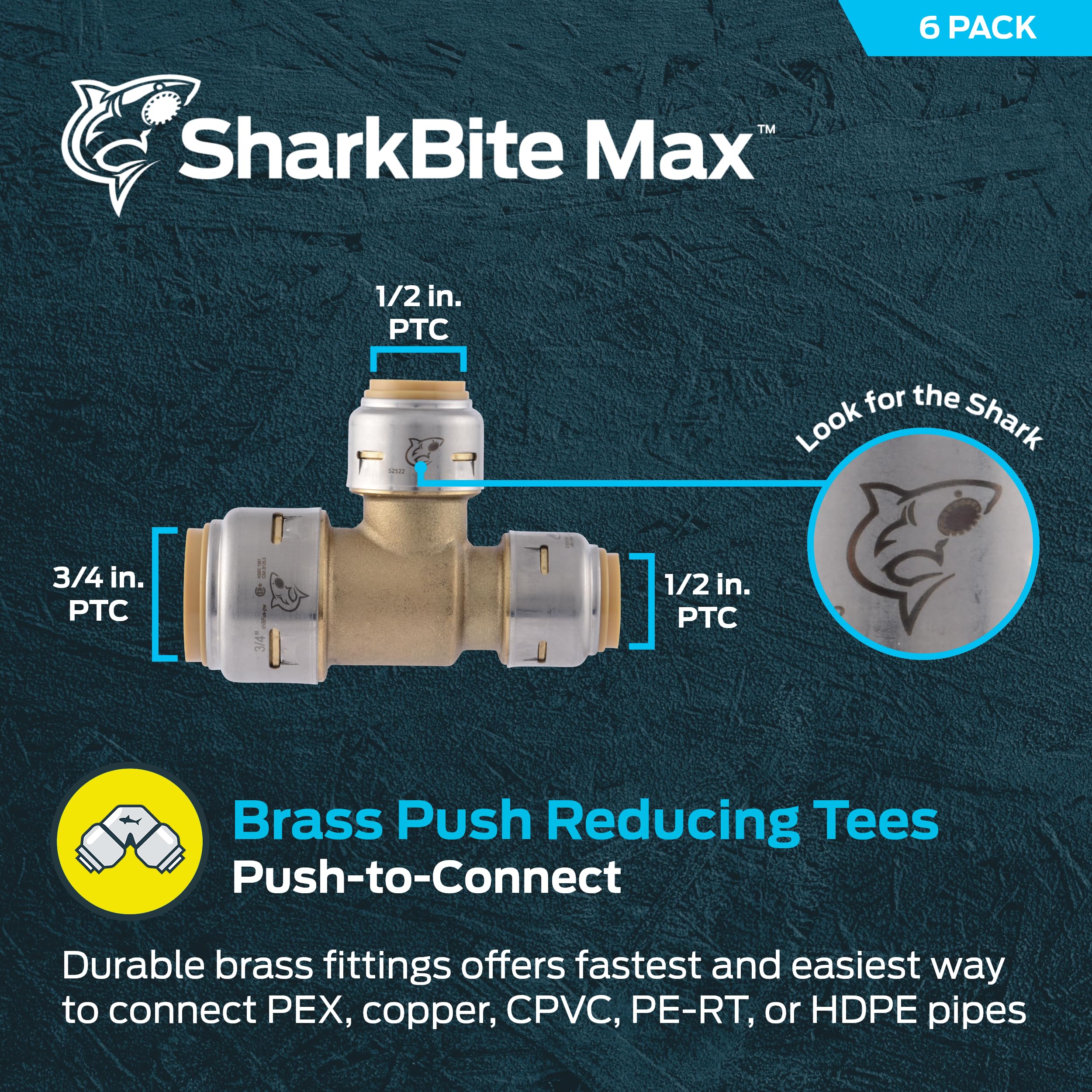 SharkBite Max 3/4 pulgadas x 1/2 pulgada x 1/2 pulgada en T reductor, paquete de 6, accesorio de fontanería de latón a presión para conectar, tubo PEX, cobre, CPVC, PE-RT, HDPE, UR454