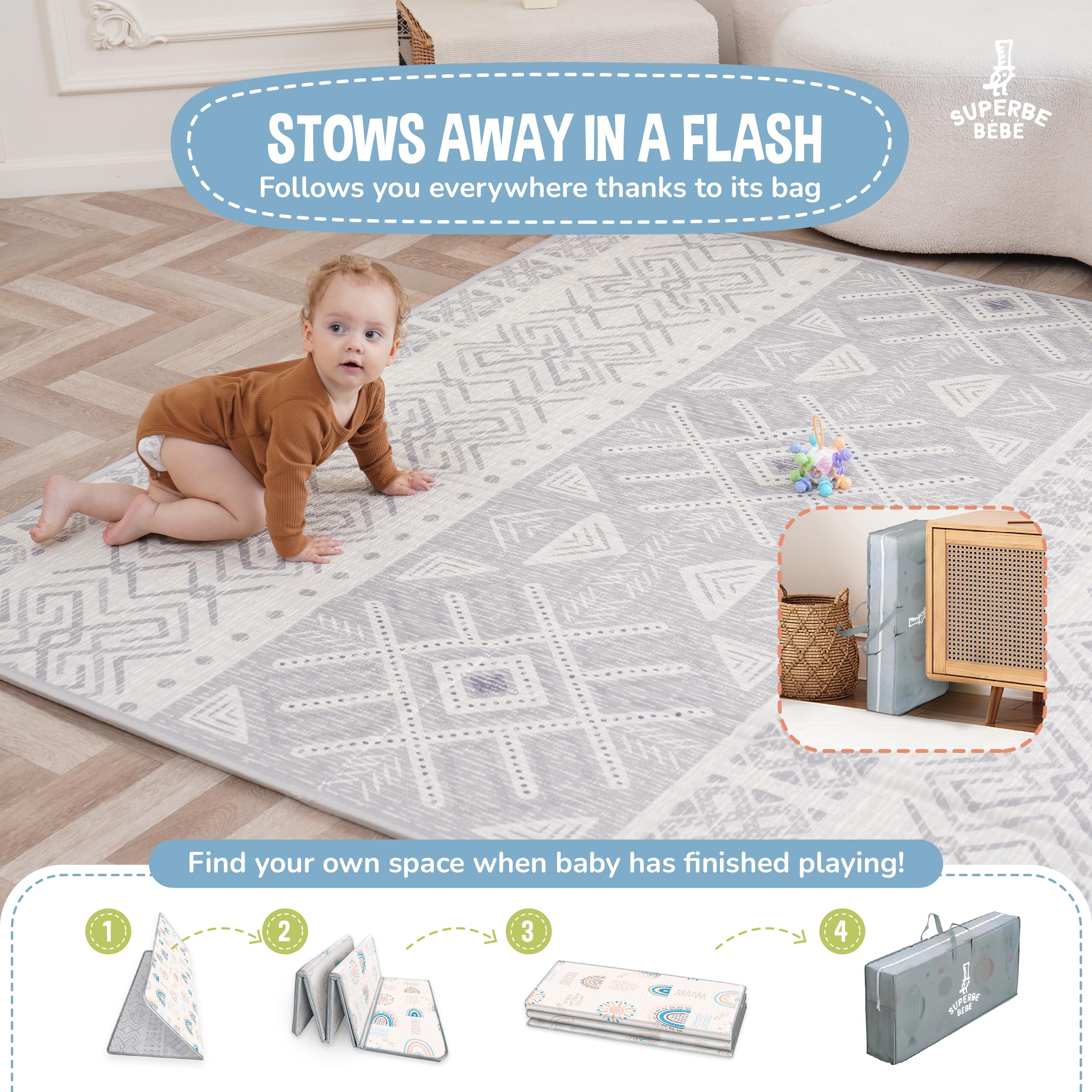 Tappeto Gioco Bambini Pieghevole 150x180x1cm Palestrina Neonato Montessori Reversibile Non Tossico E Impermeabile In Schiuma Per Bimbi. Palestra Neonati - Tappeto Tummy Time Neonati - Regalo Bambino