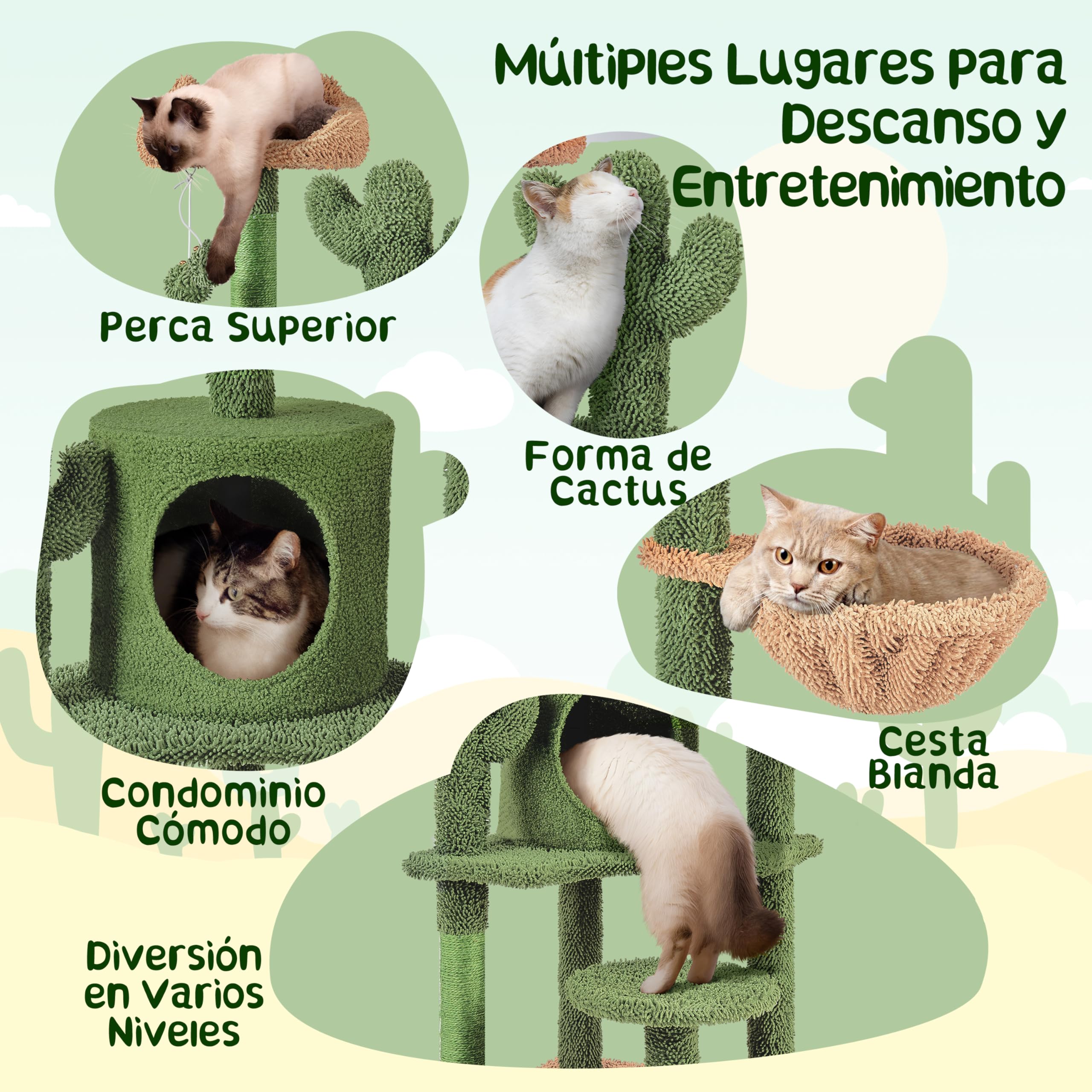 Yaheetech Árbol Rascador para Gato con Plataforma Torre Escalador de Sisal para 2-3 Gatos Medianos Sala de Juegos para Mascotas de Actividades 135 cm Verde y Marrón
