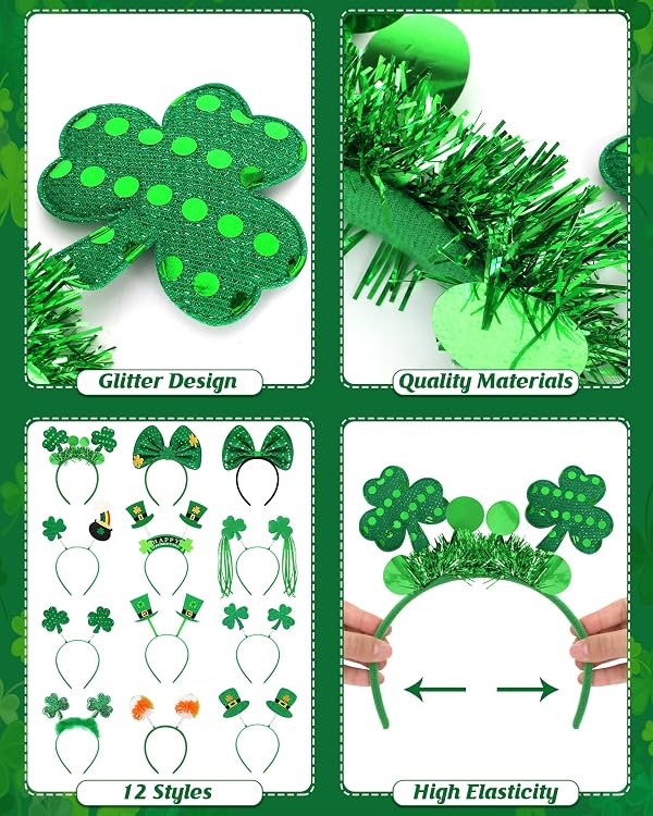 12 PCS St Patricks Day Headbands, Glitter Green Shamrock Headband St. Patrick's Day Accessories for Women, Saint Patricks Day Headband Boppers for St Patricks Day Costume Party Favors Supplies by Blowata - Image 3
