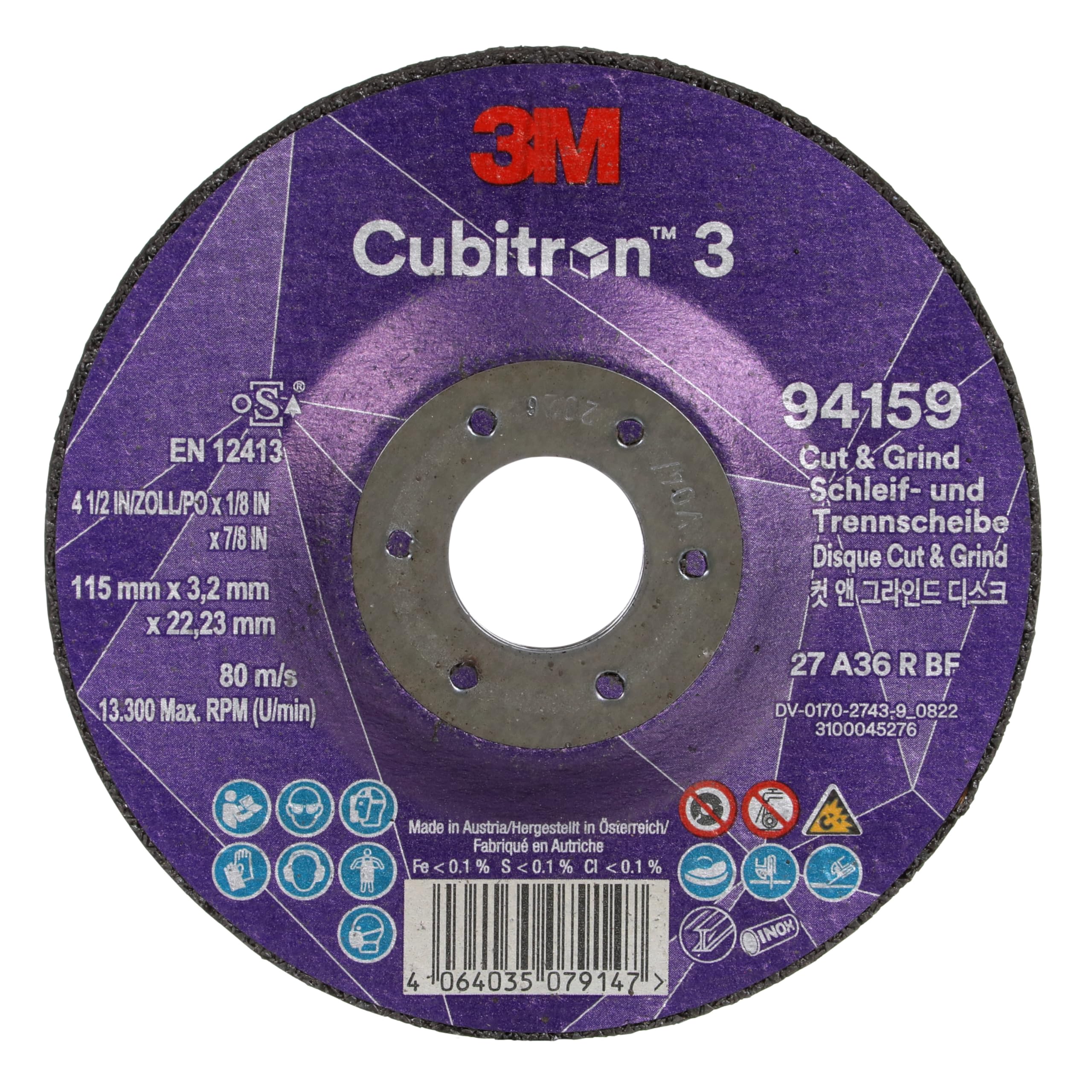 Disco Ibrido da Taglio e Sbavo 3M Cubitron 3, 94159, 36+, T27, 115 mm X 3.2 mm X 22.23 Mm, En, 10/Pack