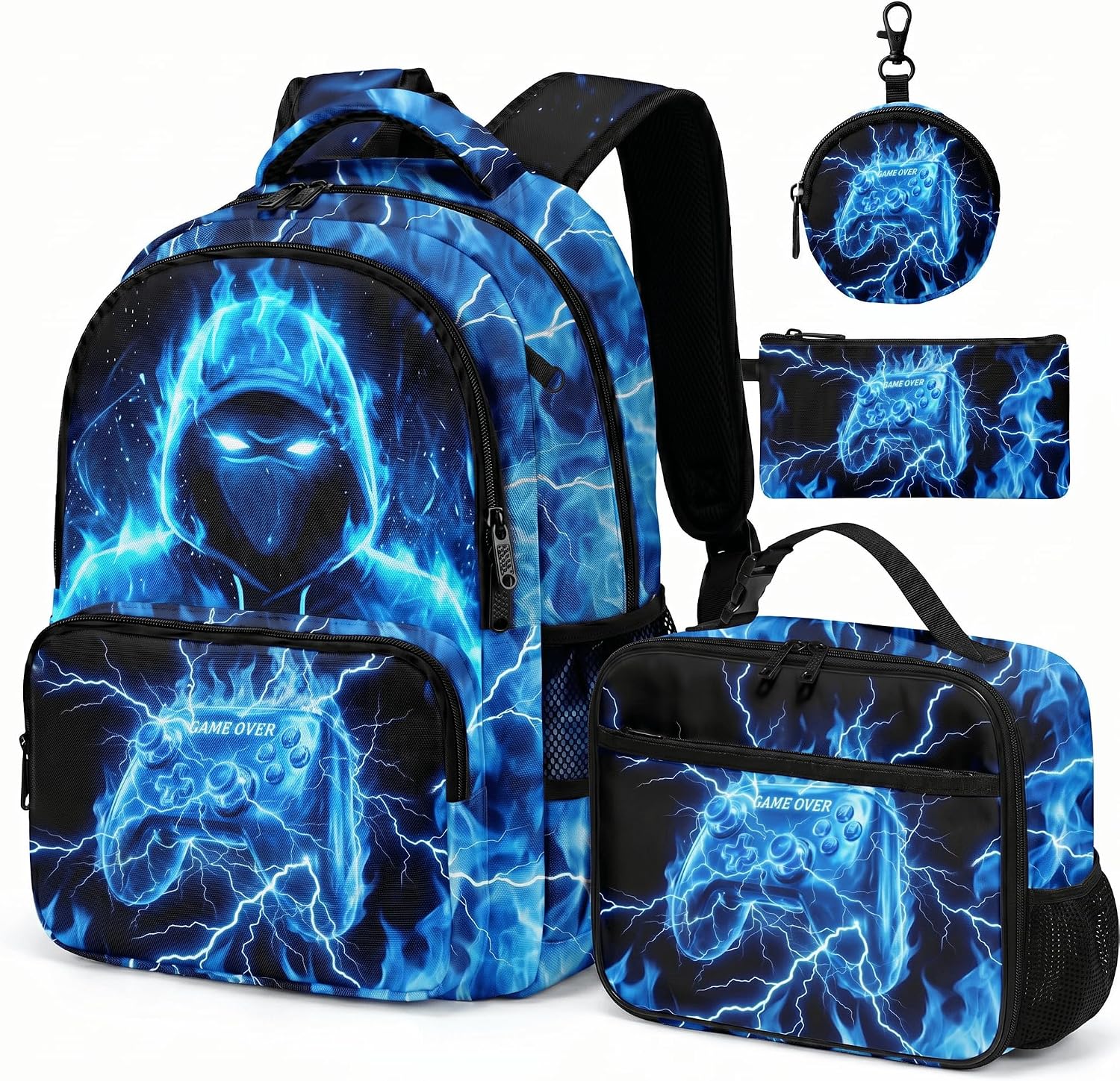 Game Backpack Set for Boys Kids, Gaming Kids Boys Backpack with Lunch Box, Pencil Bag and Coin Purse. Game School Bag 17" (Blue)