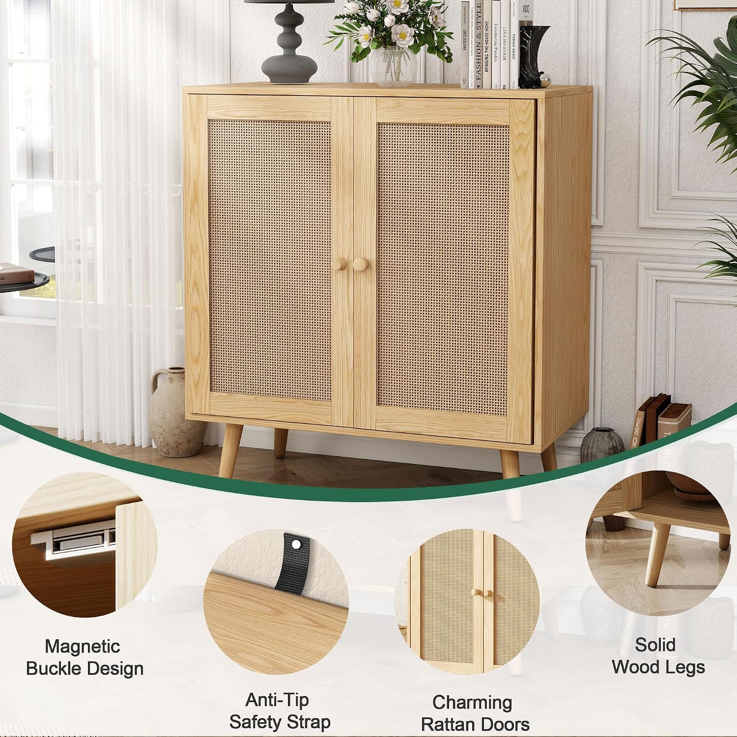 Rattan Sideboard Buffet Cabinet, Wooden Cabinet Cupboard Console Small Cabinets with Doors and Adjustable Shelve for Kitchen & Entryway, Oak