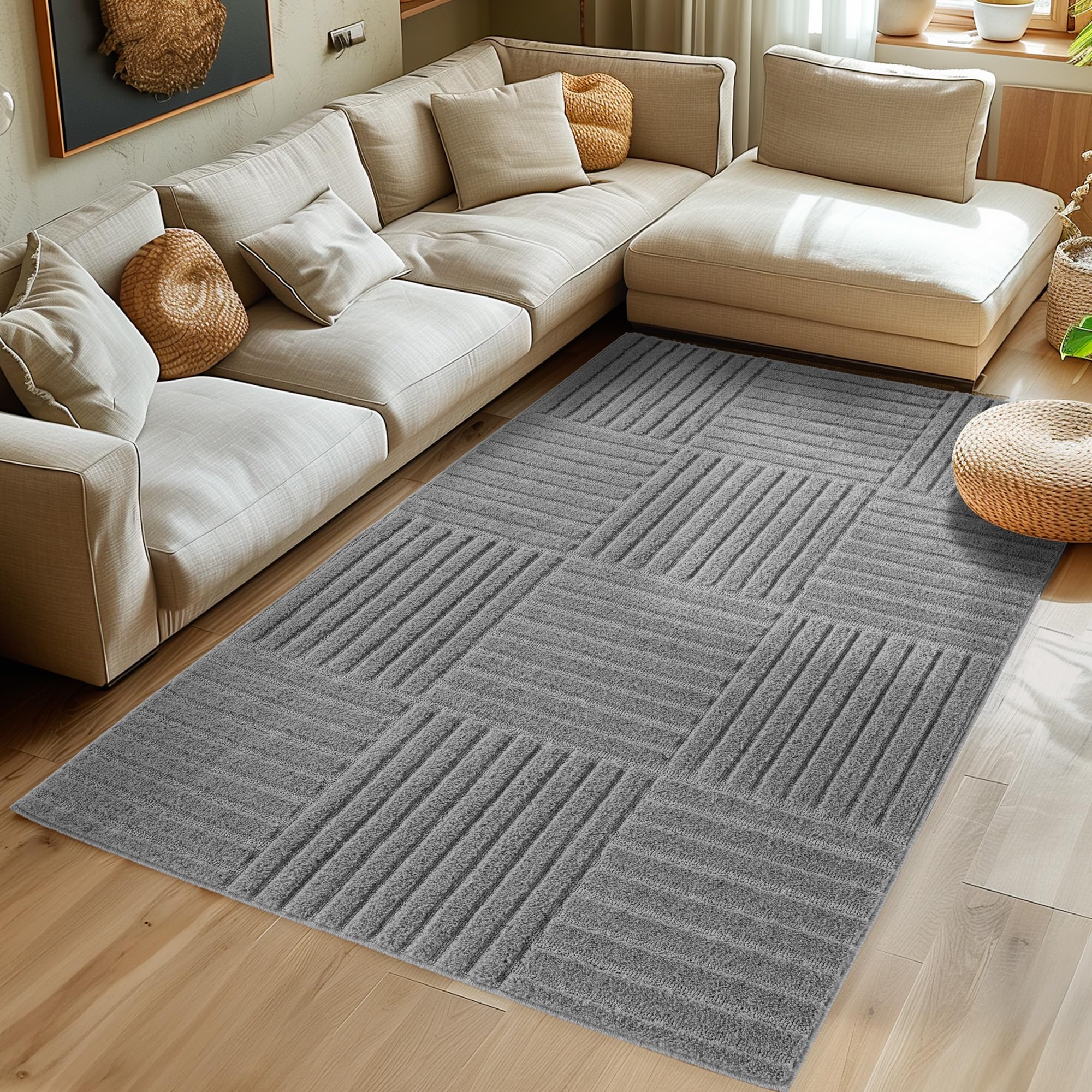 SIMPEX Teppich Hochflor Wohnzimmer Teppich, Weich & Flauschig, Skandinavisch Boho Stil, Langflor Shaggy, Pflegeleicht, Jute Rückseite