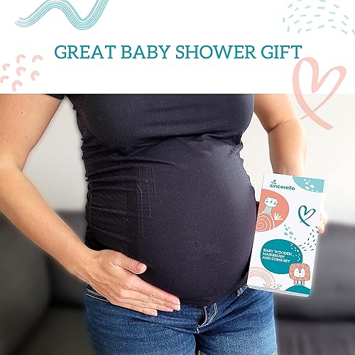 Miniatura 7 de Juego de cepillo y peine para el pelo del bebé para recién nacido y niño pequeño o niña, cepillo de madera para el pelo del bebé con cerdas suaves