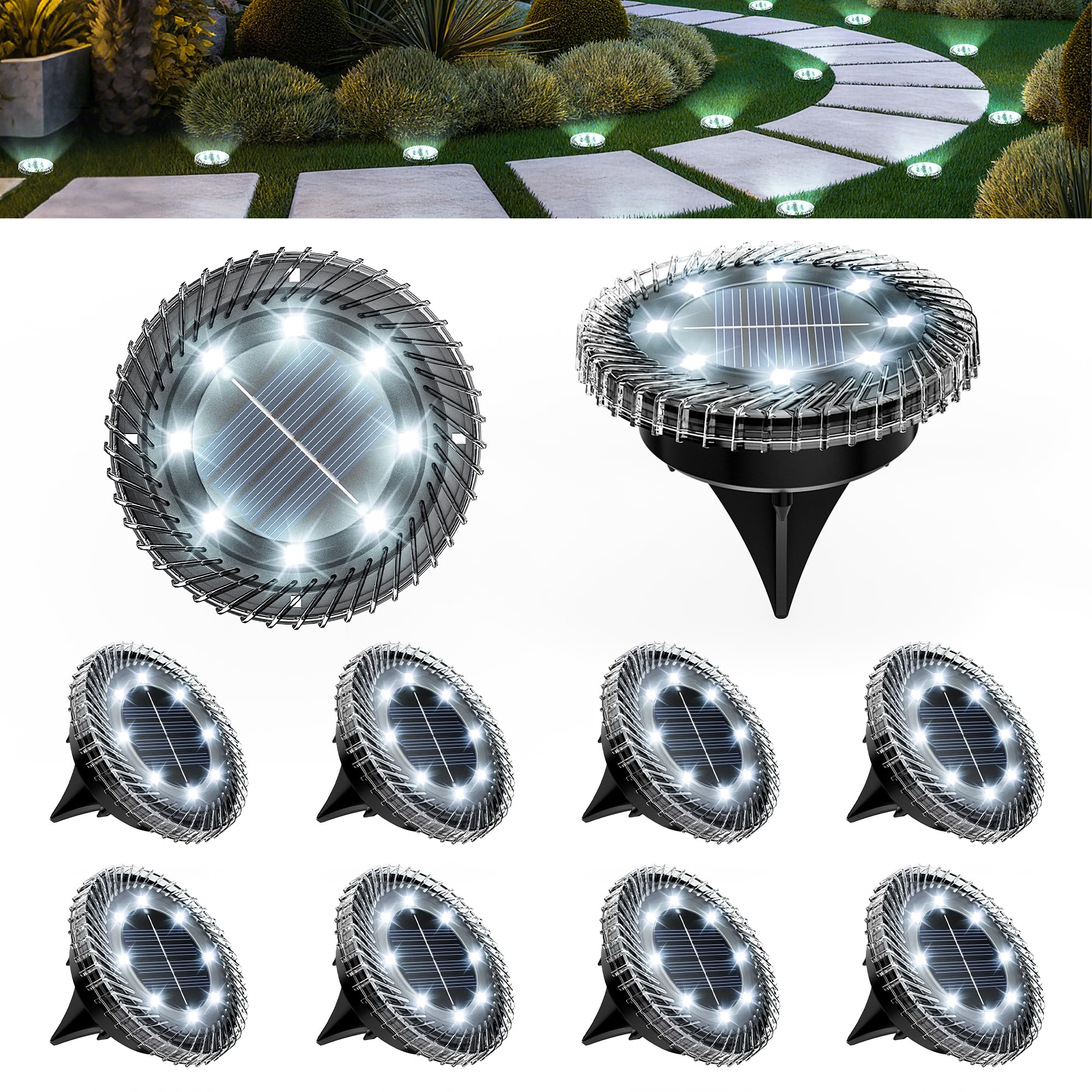 Solpex Solarleuchten für den Außenbereich, 10 Stück Solar-Bodenleuchten, IP65 wasserdicht für Treppen, Terrasse und Gehwege (Kaltweiß)