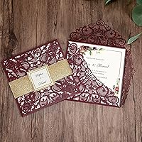 Vista 8 de Tarjetas de invitaciones de boda cuadradas de 6.3 x 6.3 pulgadas, corte calado mediante láser, diseño floral, con banda dorada y sobres blancos