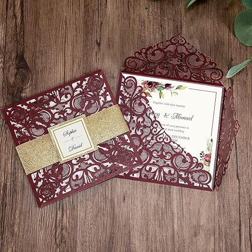 Miniatura 8 de Tarjetas de invitaciones de boda cuadradas de 6.3 x 6.3 pulgadas, corte calado mediante láser, diseño floral, con banda dorada y sobres blancos para