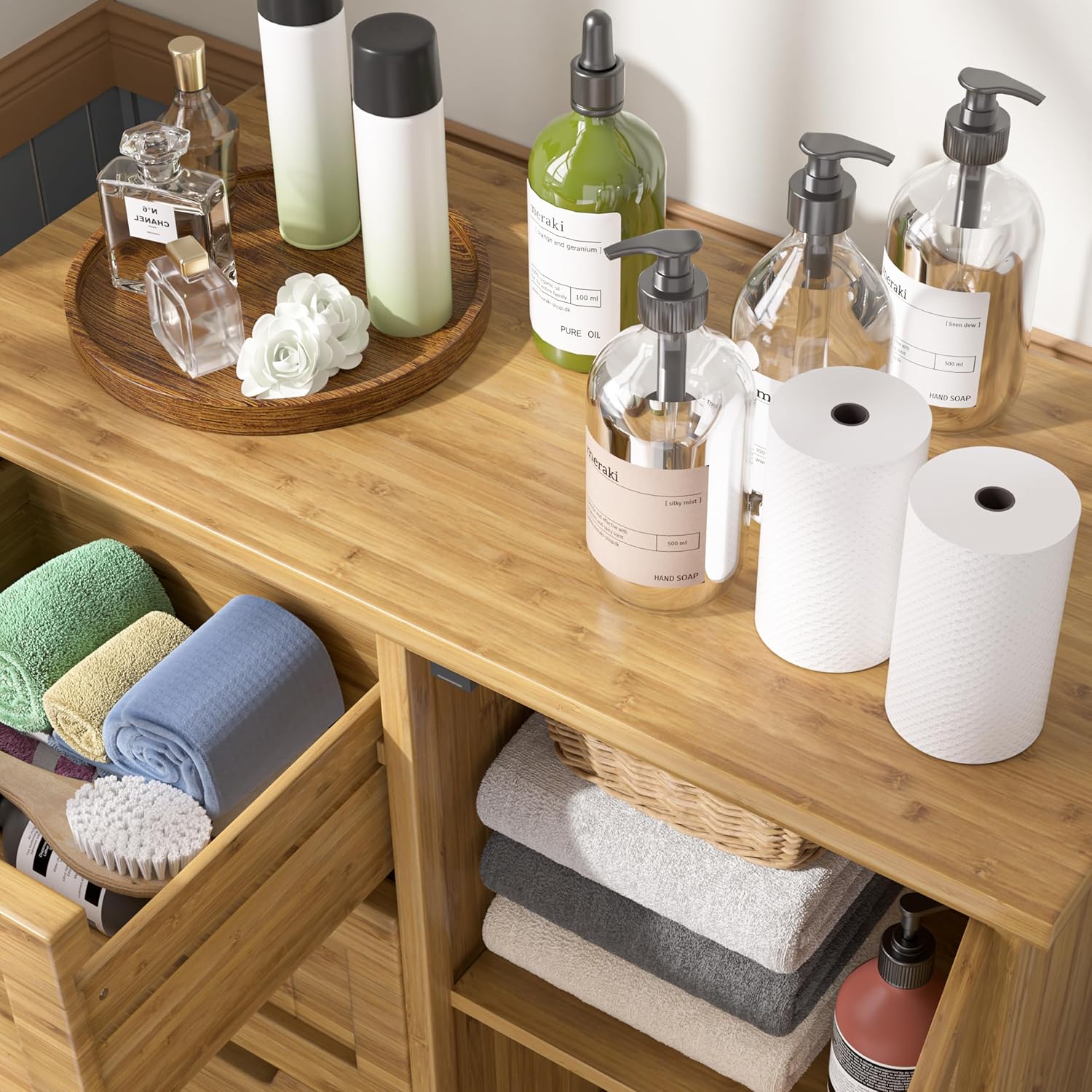 BlueWish Bamboo Bathroom Storage Cabinet, Bathroom Cabinets Freestanding with 2 Removable Shelves, Drawer Stopper, Waterproof Countertop, Bathroom Floor Storage Cabinet