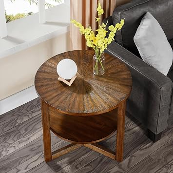 Round Wood End Table Living Room, 25 D Circle Accent Side Table 2-Tier Solid Wood Rounded Nightstand Cocktail Table with Storage for Home Living Room Bedroom