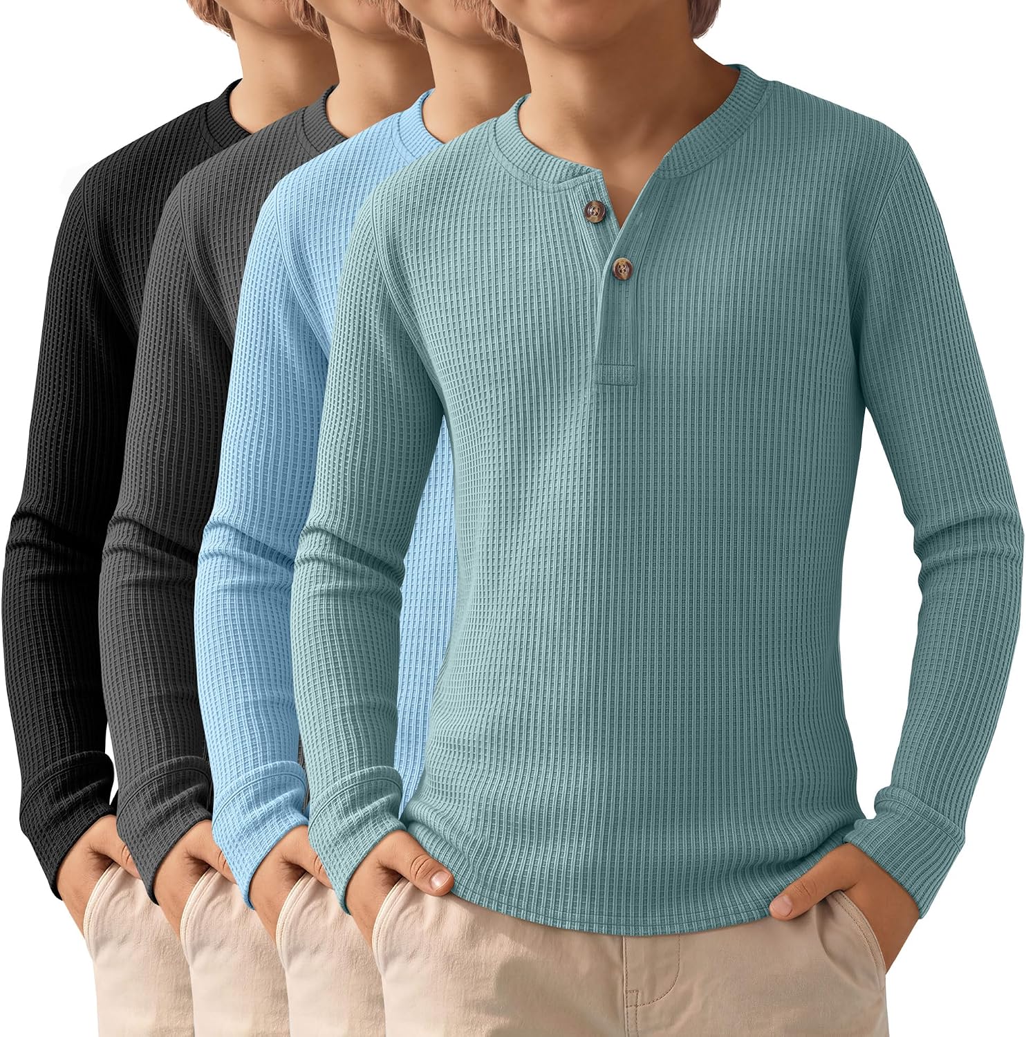4 Pack Boys Long Sleeve Waffle Shirts