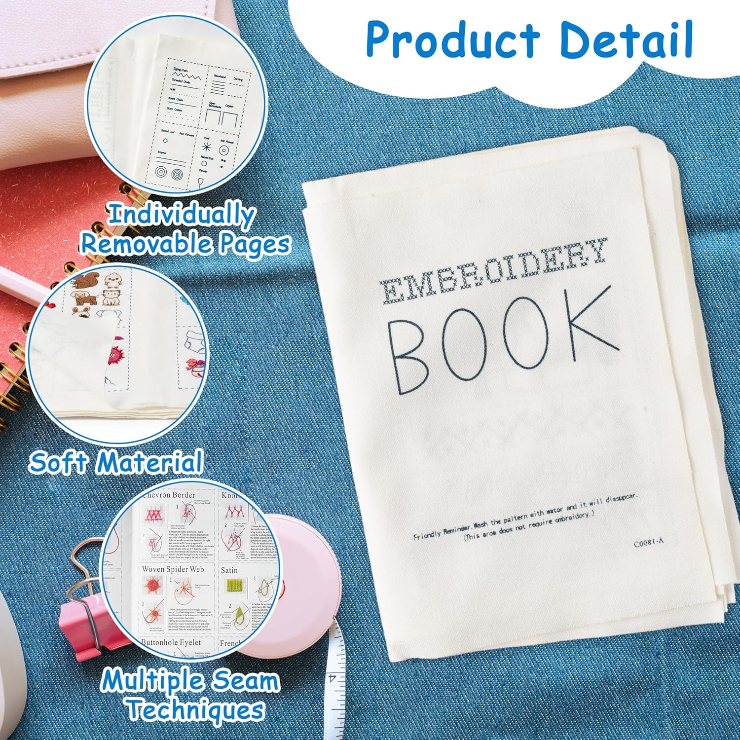 GQIRIL Embroidery Stitch Book Kit - DIY Embroidery Punch Needle Practice for Beginner, 2026 New Sampler Patterns Book with Needles Threader Thimble Hoop Sewing Tool for Adults Embroider Enthusiasts