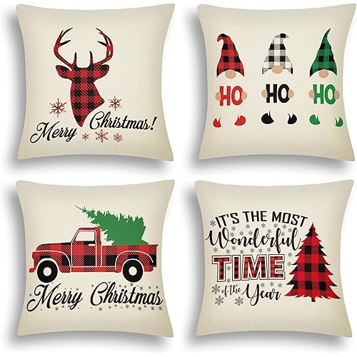 Miryoku Christmas Pillow Covers 18x18 Set of 4 Christmas Decorations Xmas Throw Pillow Covers Red Christmas Tree Deer Truck Snowflake Pillow Cases for Outdoor Couch Sofa Decoration