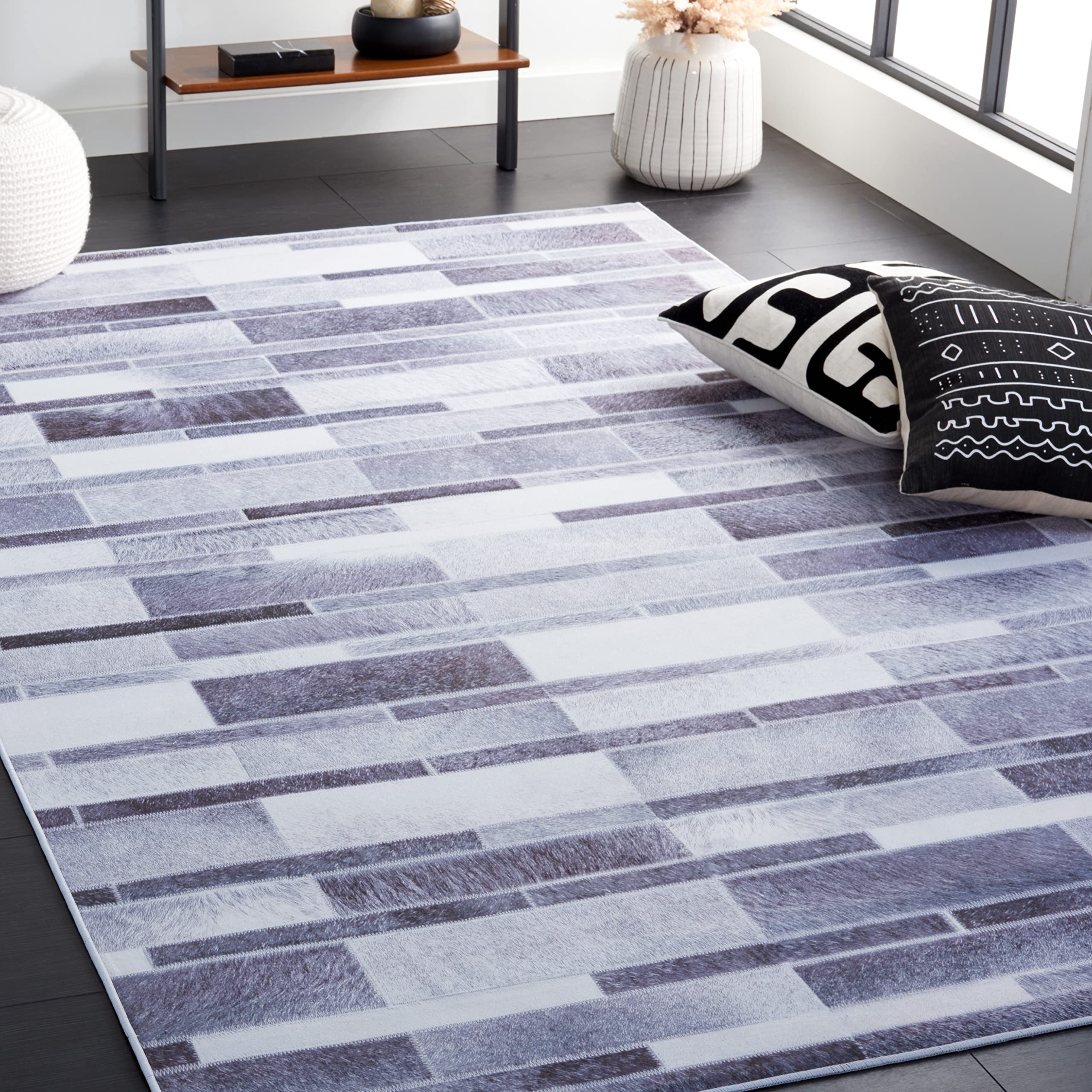 SAFAVIEH Washable Rug Faux Hide Collection - 3' x 5', Grey & Ivory, Slip Resistant, Modern Printed Pattern, Ideal for Living Room, Kitchen, Foyer,