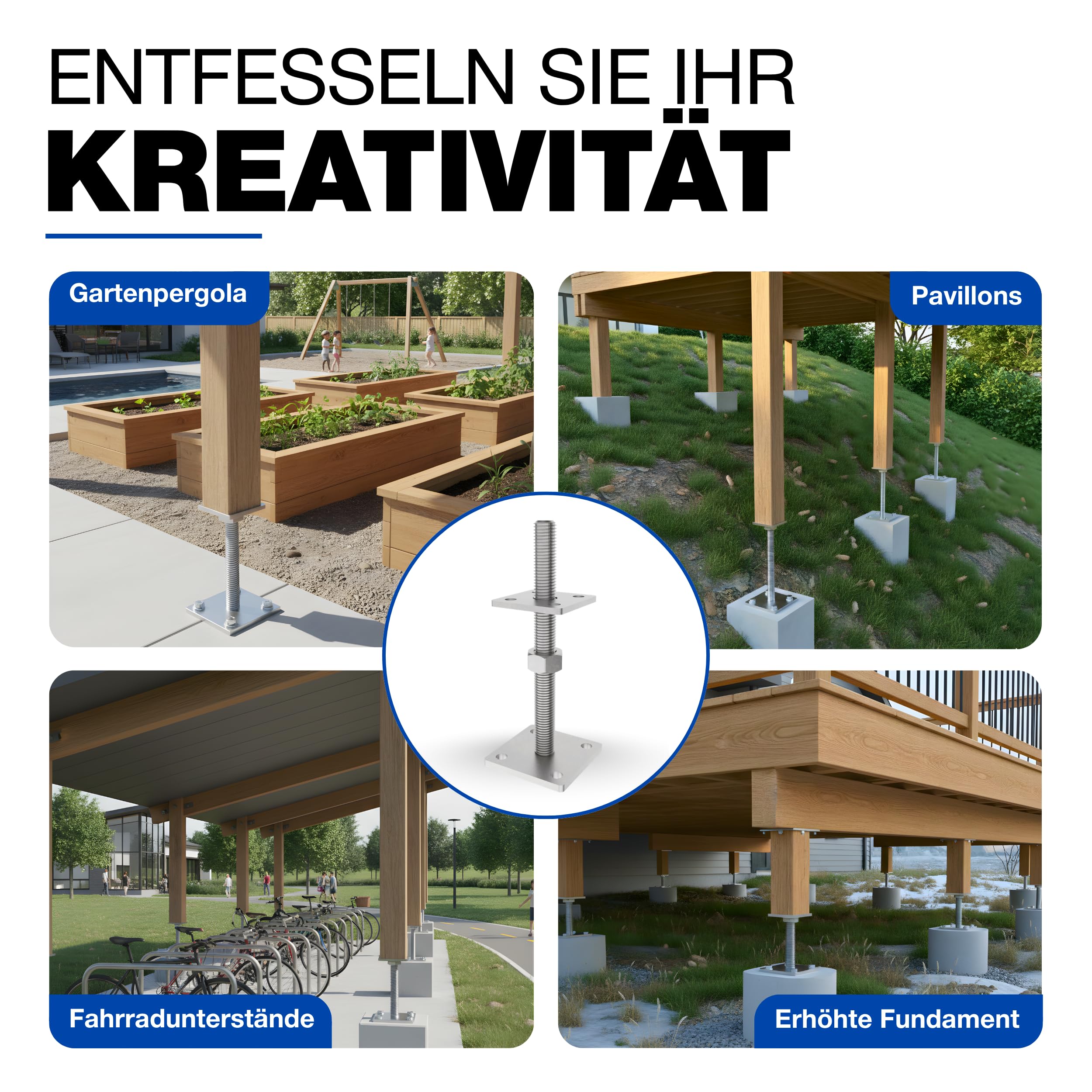GeZu Impex Podstawa Slupa Regulowana W Pionie 70 x 70 mm Galwanizowana Uchwyt z Regulacja Wysokosci Podwyzszona Podstawa Montazowa