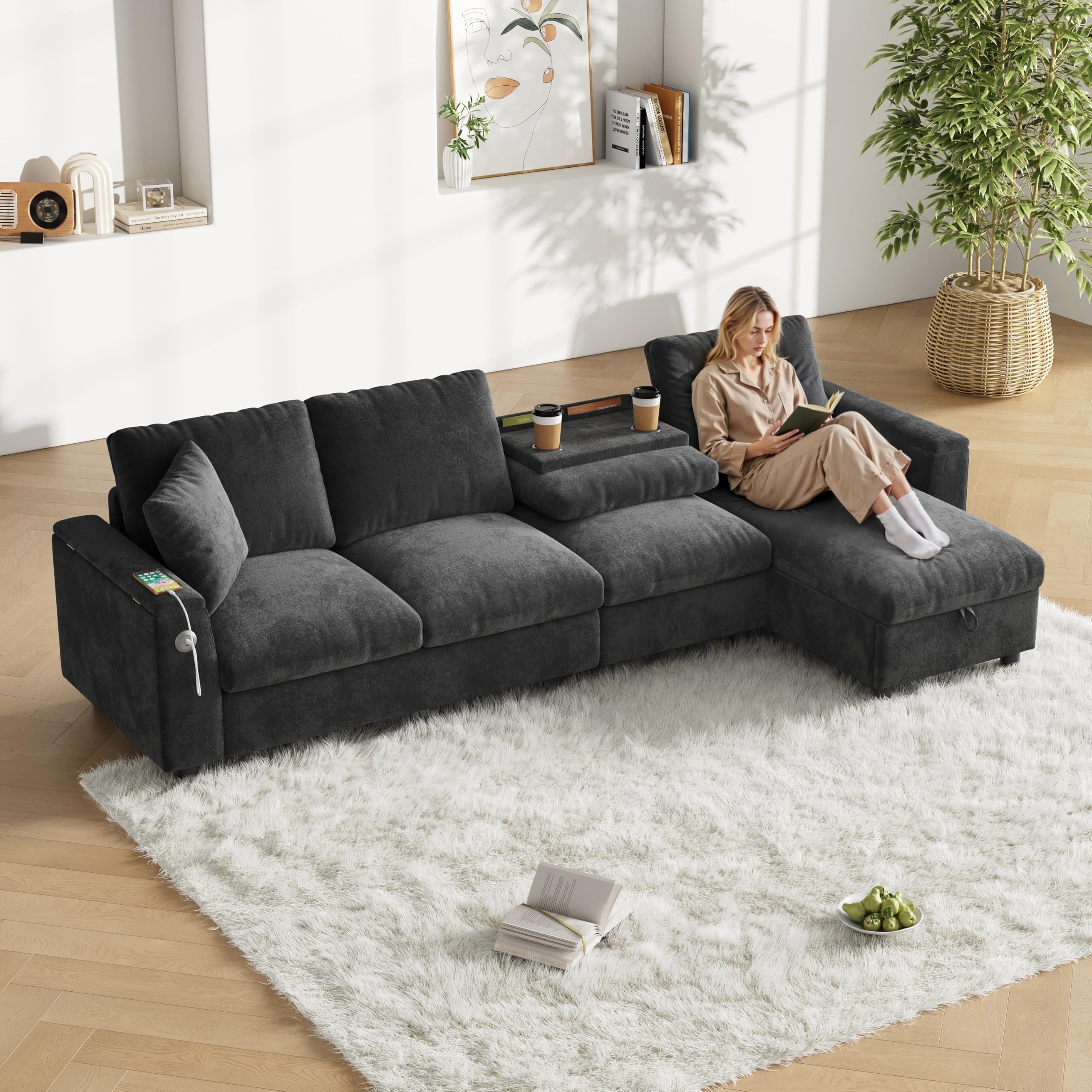 Sofá esquinero en forma de L | Función de sueño y sofá cama extensible, tela chenilla, espacio de almacenamiento + mesa de café plegable, puerto de carga USB-C, ajustable a derecha/izquierda