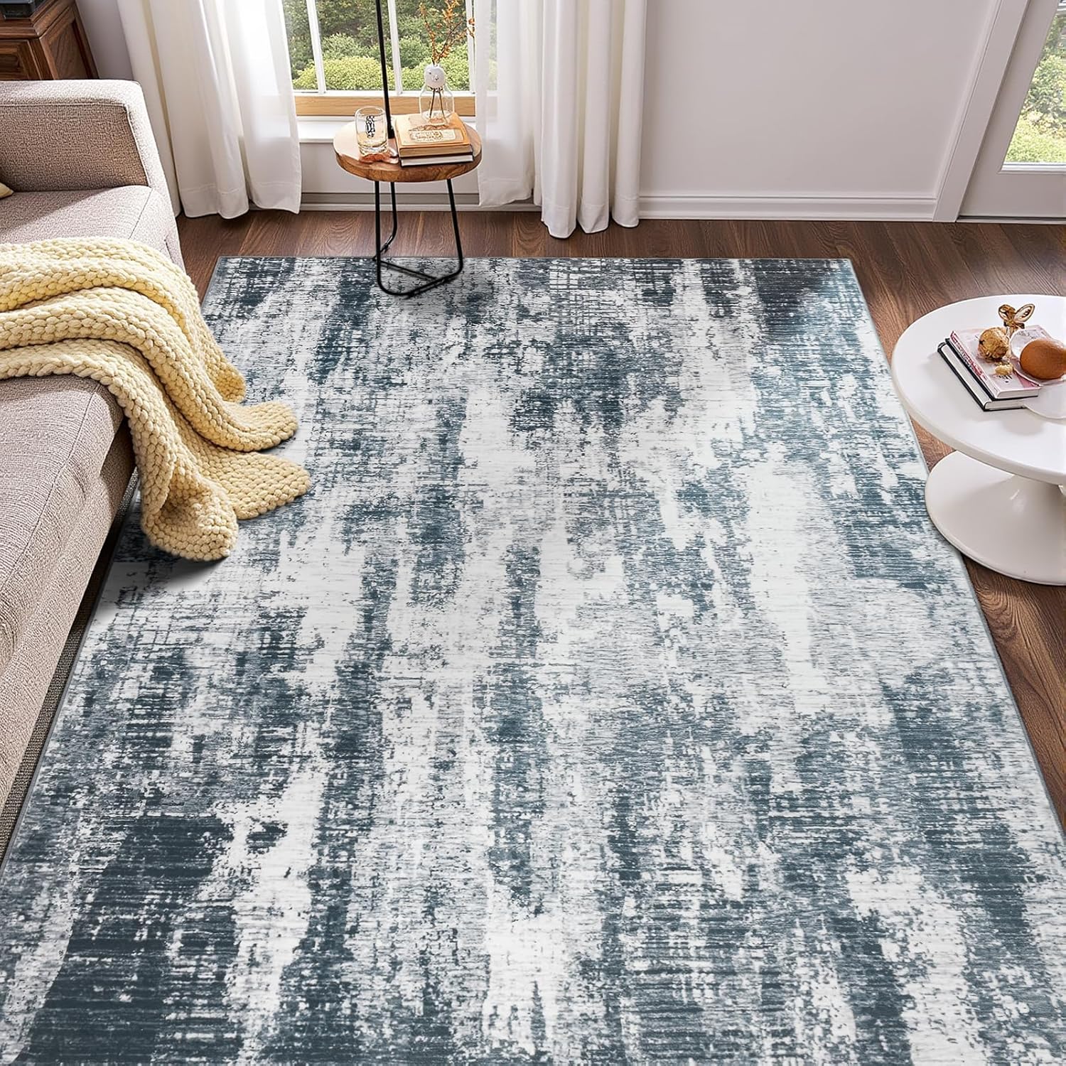 Area Rugs 4x6, Washable Rug for Living Room, Modern Abstract Grey Rug for Bedroom, Non Slip Foldable Low Pile Stain Resistant Carpet for Dining Room Bedside Dorm Nursery Decor, Grey White
