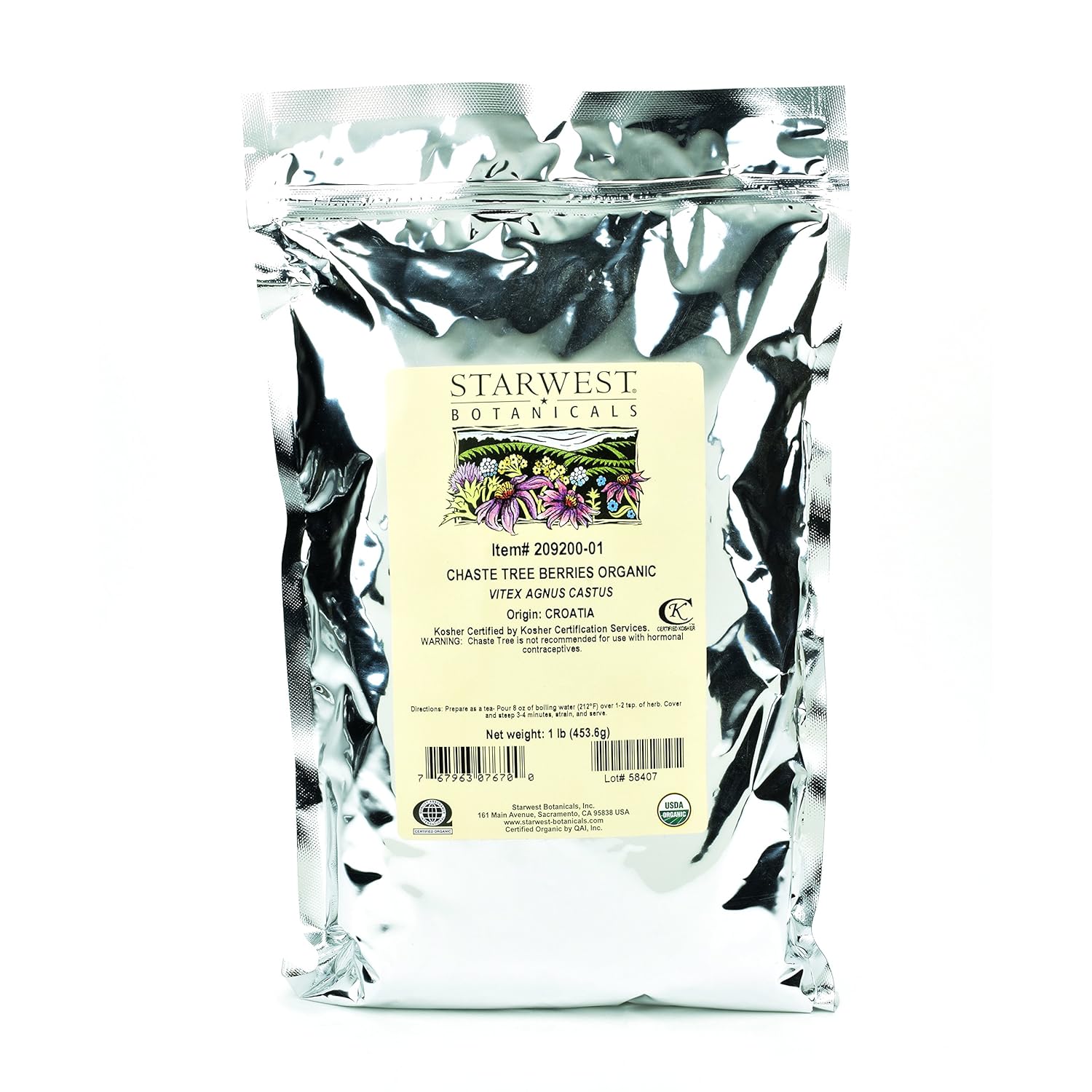 Starwest Botanicals Organic Chaste Tree Berries Whole, 1 Lb