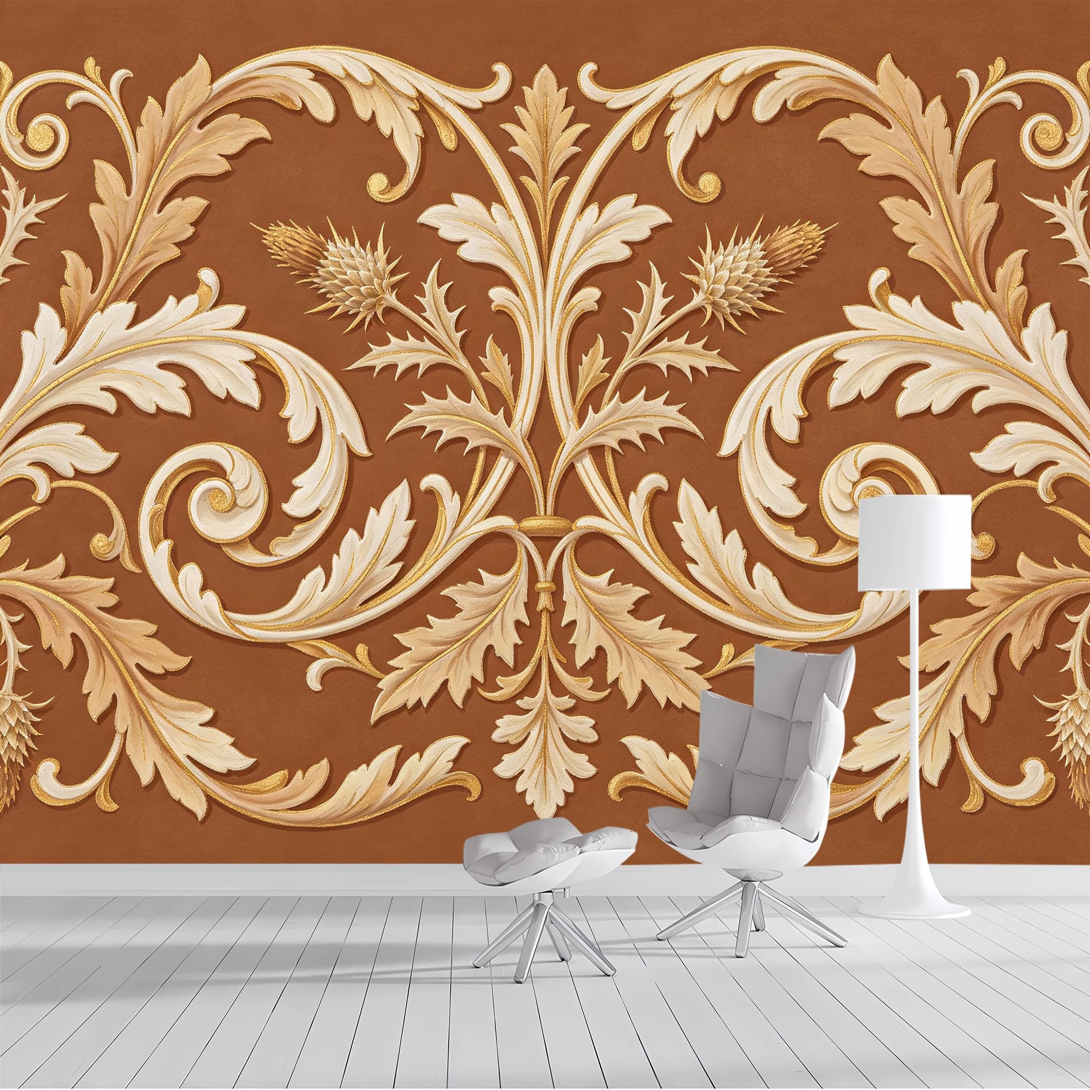 Custom Size Wall Mural Baroque Acanthus Leaf Gold Pattern SelfAdhesive Wall Fabric Removable Peel and Stick Wallpaper Wall Decor for Living Room Bedroom Bathroom
