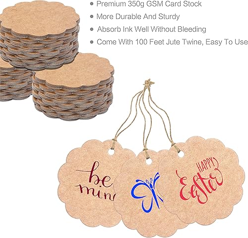 Miniatura 4 de 200 etiquetas de regalo de papel estraza festoneado con cuerda de yute natural de 100 pies para embalaje de manualidades, la etiqueta mide 2.4