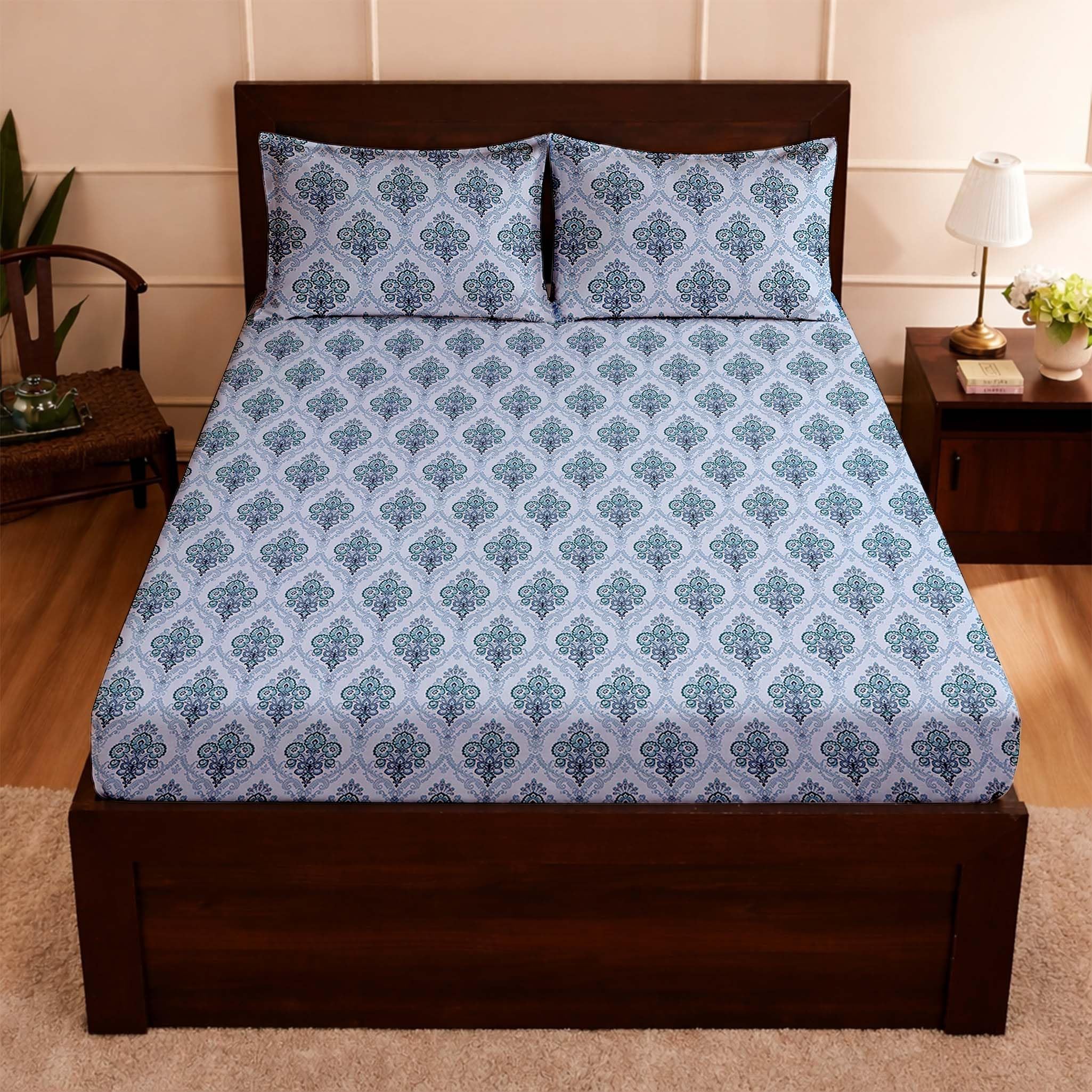 Raymond Bedsheet 100% Cotton Feel Bedsheets 200 TC for Double Bed King Size (108 x108 Inch) with 2 Large Size Pillow Covers | Soft and Breathable | Wrinkle-Free | Premium Printed Design Royal Blue