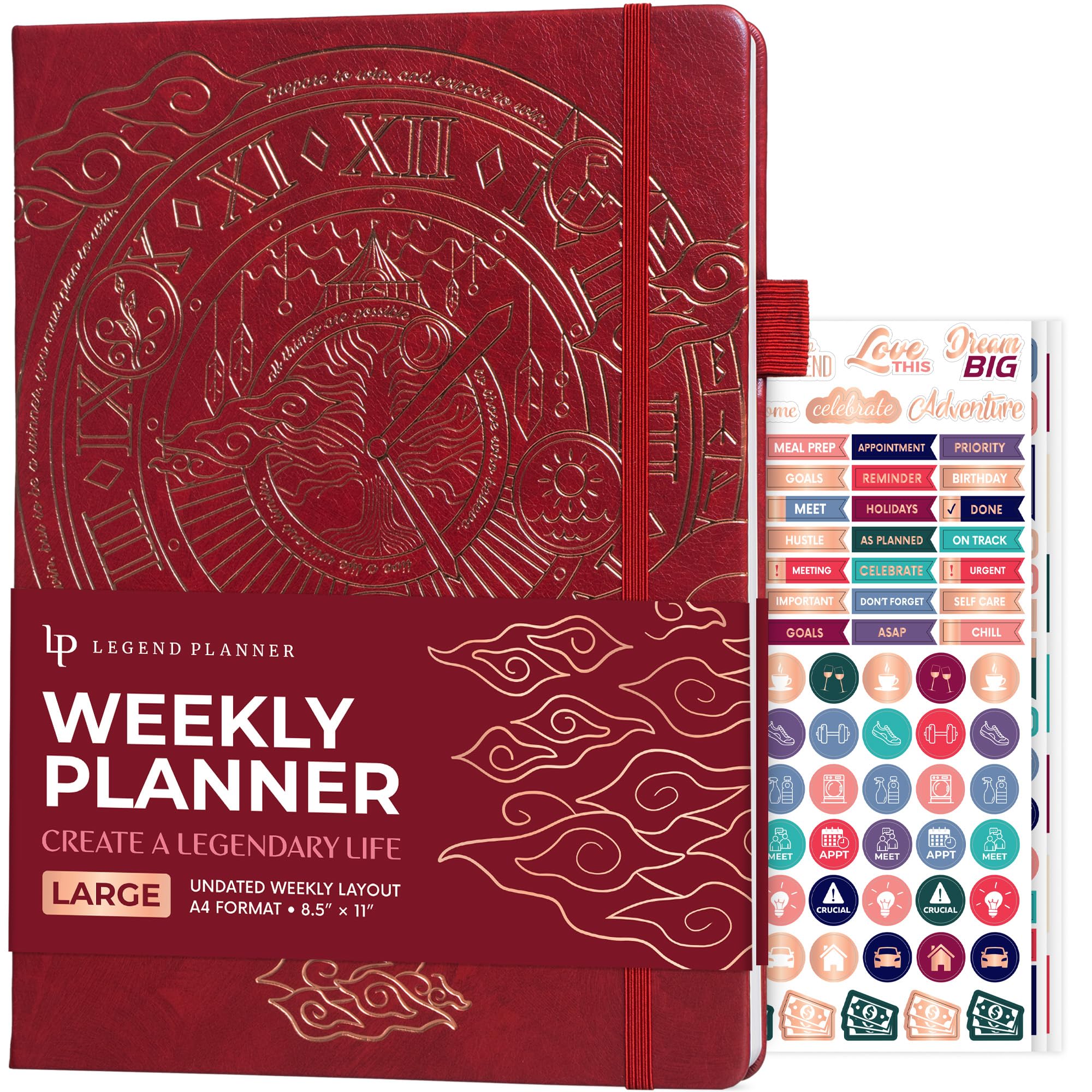 Legend Undated Weekly Planner Large – Goal Planner Journal & Organizer Notebook – Agenda Book with Monthly Calendar, 8.5x11” (Wine Red Gold)