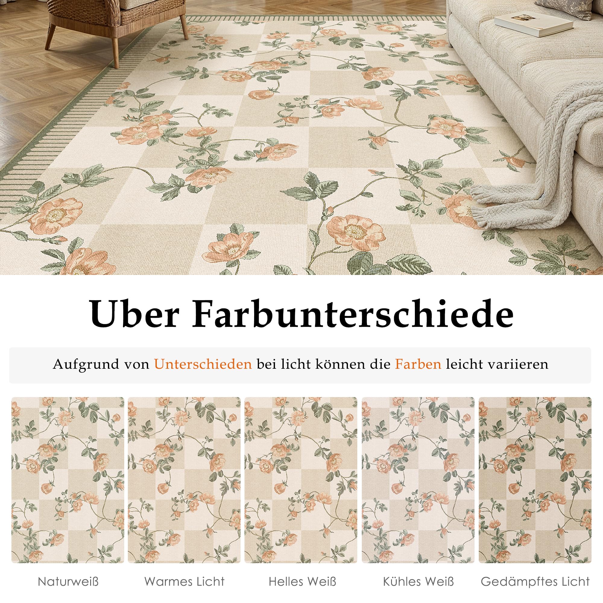 PureCozy Alfombra Salón Lavable Floral a Cuadros 160x230cm Moderna Alfombra de Cocina Salón Dormitorio Tapete Antideslizante Pelo Corto Suave Beige Verde Carpet