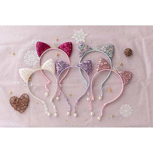 Miniatura 3 de Summer Crystal Diadema con orejas de gato y lentejuelas con dijes, diadema de orejas de gatito para niñas, accesorio ideal para el cabello para