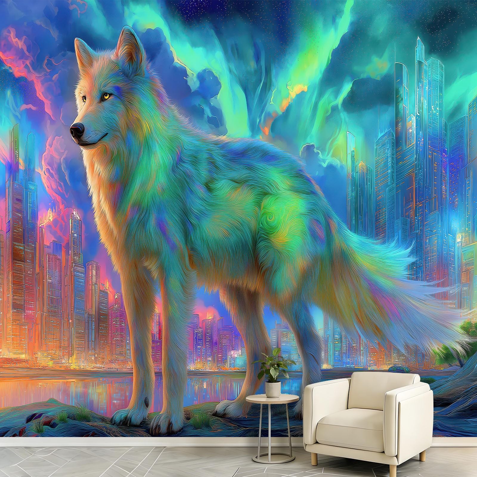 Papier Peint Panoramique Loup Néon 400x280cm Décoration Murale Luxe