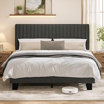 Feonase Full Size Bed Frame with Upholstered Headboard, Linen Platform Bed Frame with Wooden & Metal Slats Support, Storage Space Under Bed, No Box Spring Needed, Easy Assembly, Dark Gray