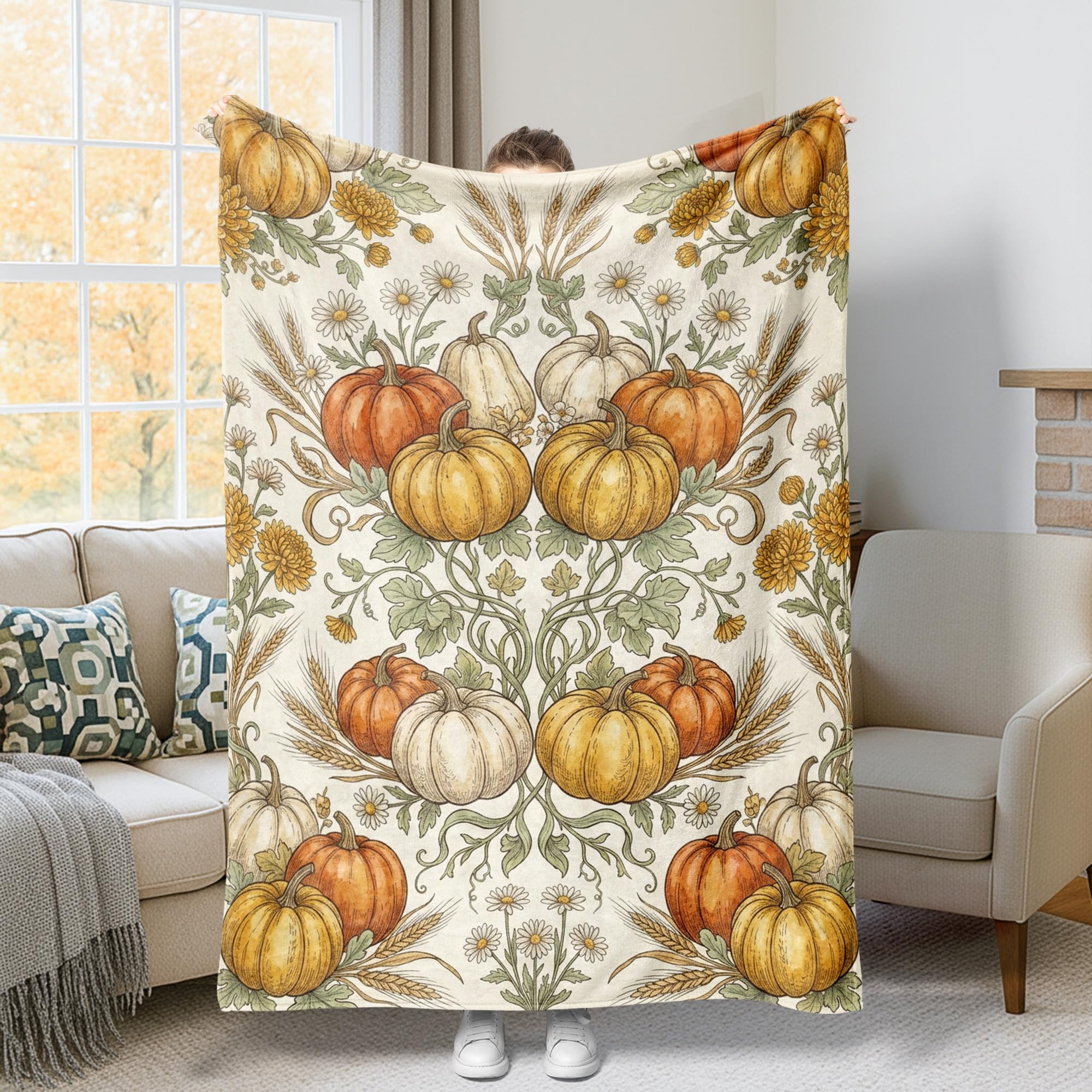 Plaid citrouilles fleurs d'automne pour cocooning sur canapé