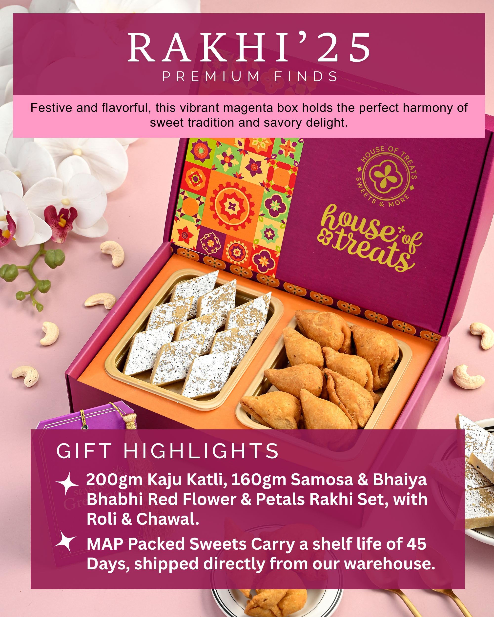 HyperFoods® Rakhi For Brother Sweets Gift Pack Kaju Katli 200g Samosa 160g Indian Sweets Mithai Gift Pack Flower & Petal Bhaiya Bhabhi Rakhi Set with Roli & Rice 3