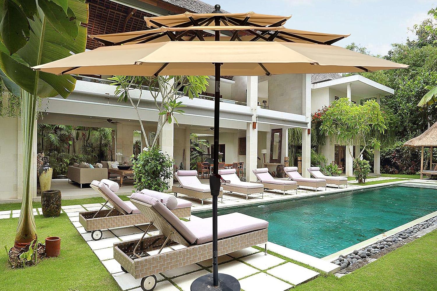 JEAREY 9FT 3 Tiers Patio Umbrella Outdoor Market Umbrella Table Umbrellas Sunbrella with Push Button Tilt and Crank UV Protection Outside Garden Pool Umbrella,Beige