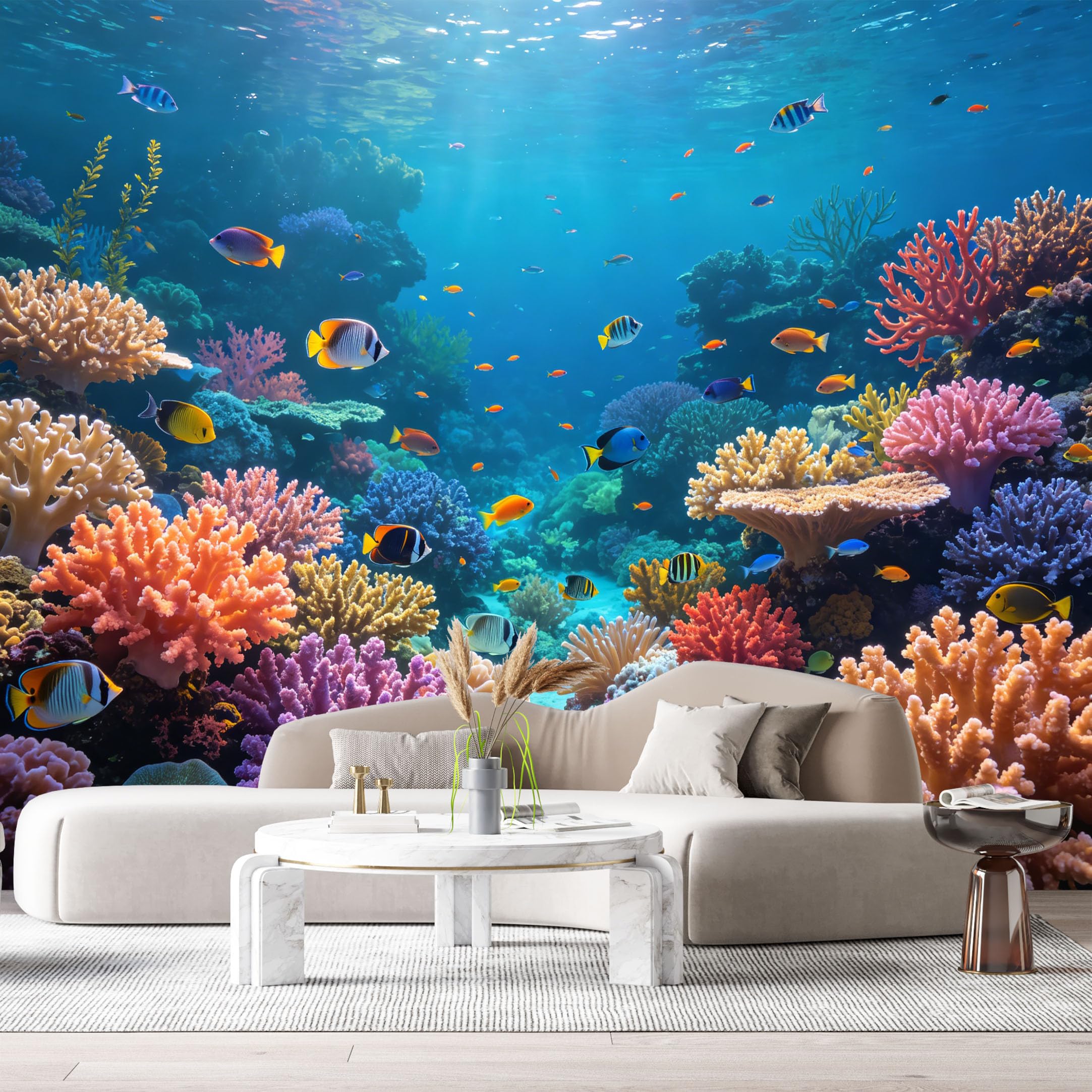Custom Size Wall Murals Ocean Marine Tropical Coral Reef Colorful Exotic Fish SelfAdhesiveWall Fabric Removable Wallpaper Wall Decor for Living Room Bedroom Bathroom