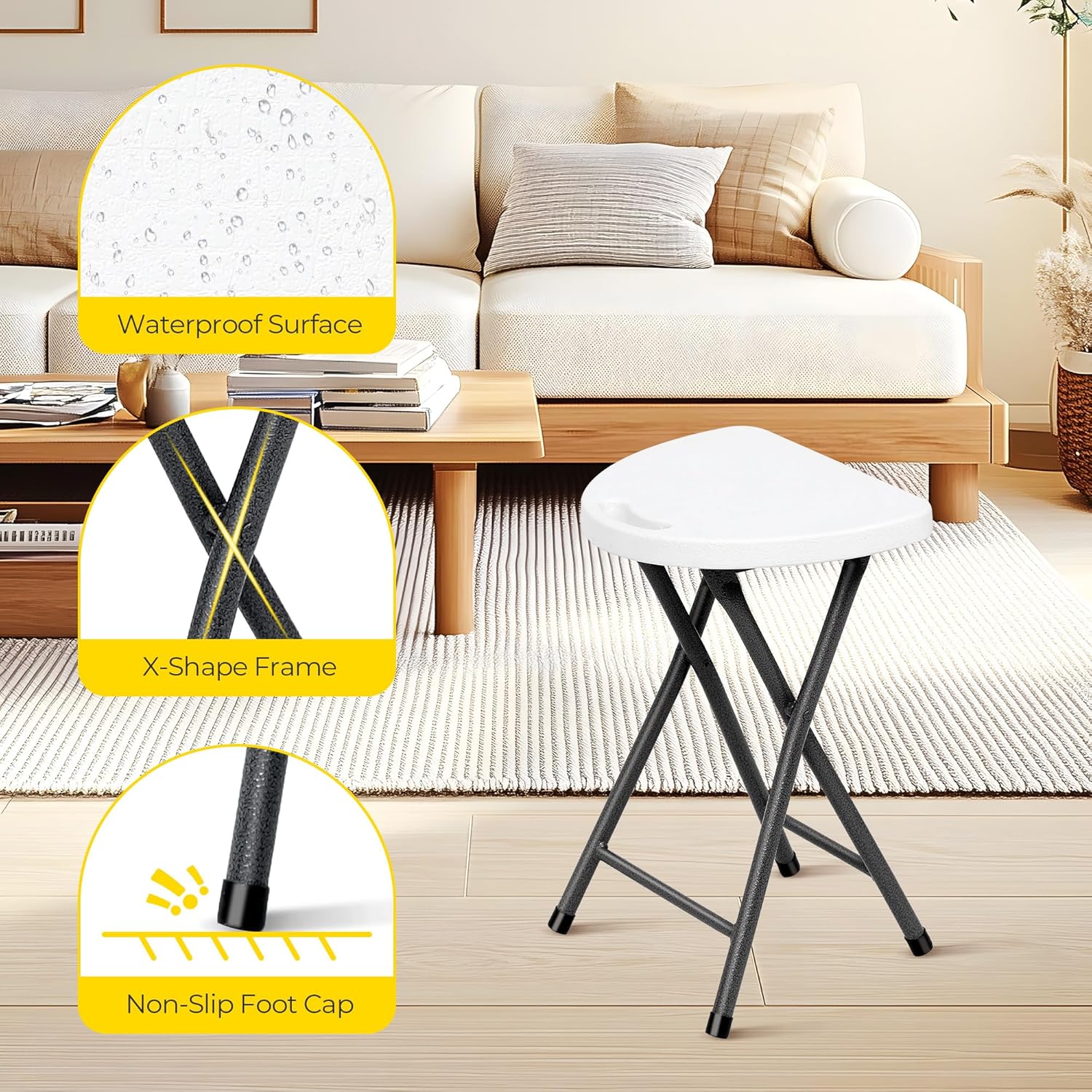 4 Pack White Folding Stools with Handle, Plastic Triangle Seat and Metal Frame, Portable Foldable Stool with Waterproof Surface, Stackable Small Chairs for Indoor Outdoor (White, Set of 4)