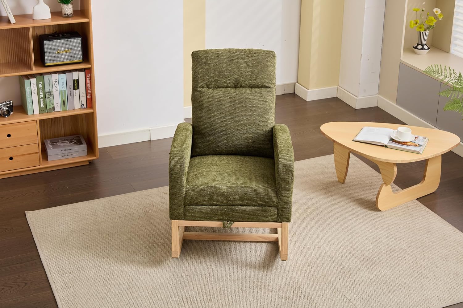 Modern Nursery Glider Rocking Chair with Solid Wood Legs & Side Pocket – High Backrest Ergonomic Armchair for Living Room, Baby Nursery, and Relaxation