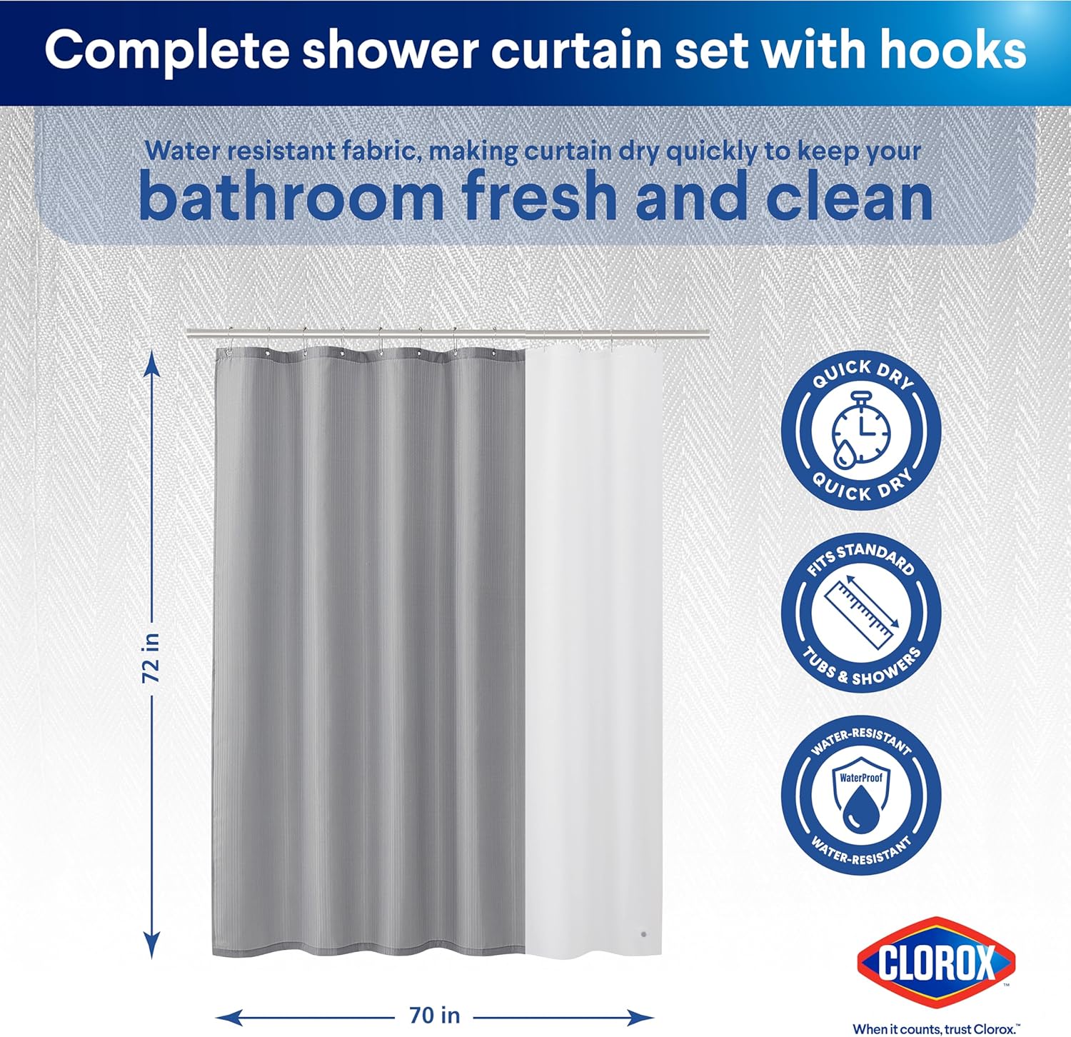 CLOROX Bathroom Shower Curtain with Waterproof Lightweight PEVA Liner Set, Standard Size for Bathroom, with Weighted Magnets and 12 Metal Hooks - 70" x 72" Grey
