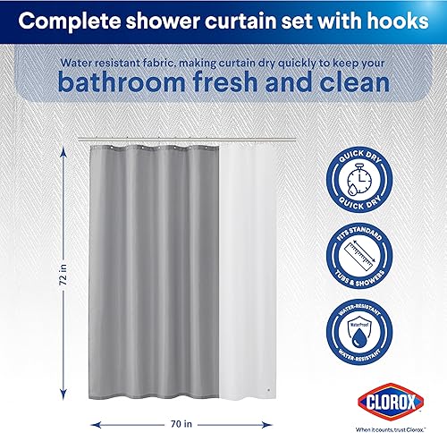 Miniatura 2 de CLOROX Cortina de ducha de baño con forro de PEVA impermeable y ligero, tamaño estándar para baño, con imanes ponderados y 12 ganchos de metal, 70 x