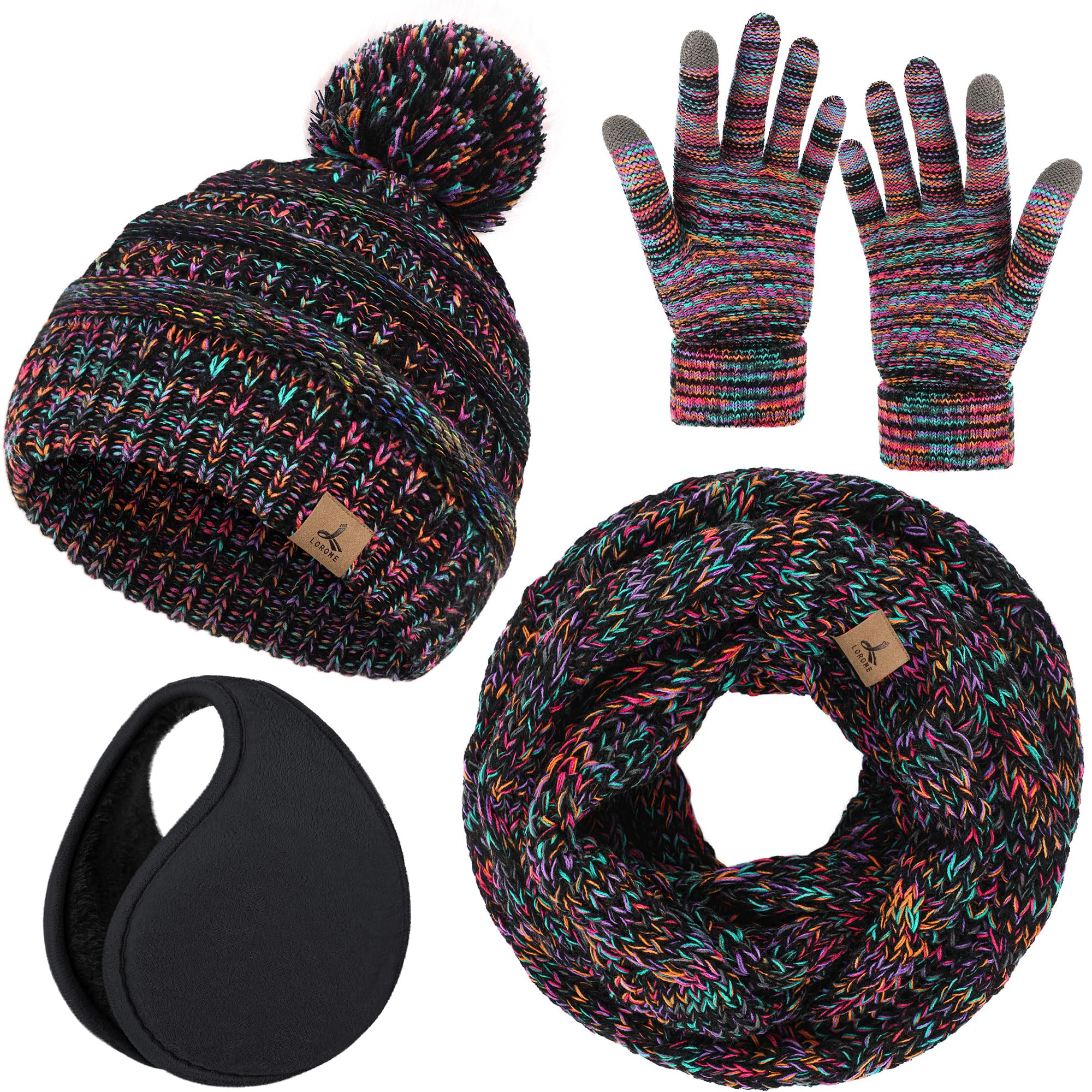 Wintermütze, Schal, Handschuhe und Ohrenwärmer, warme Strickmütze, Touchscreen-Handschuhe, Set, Wintergeschenke, Halstücher für Damen