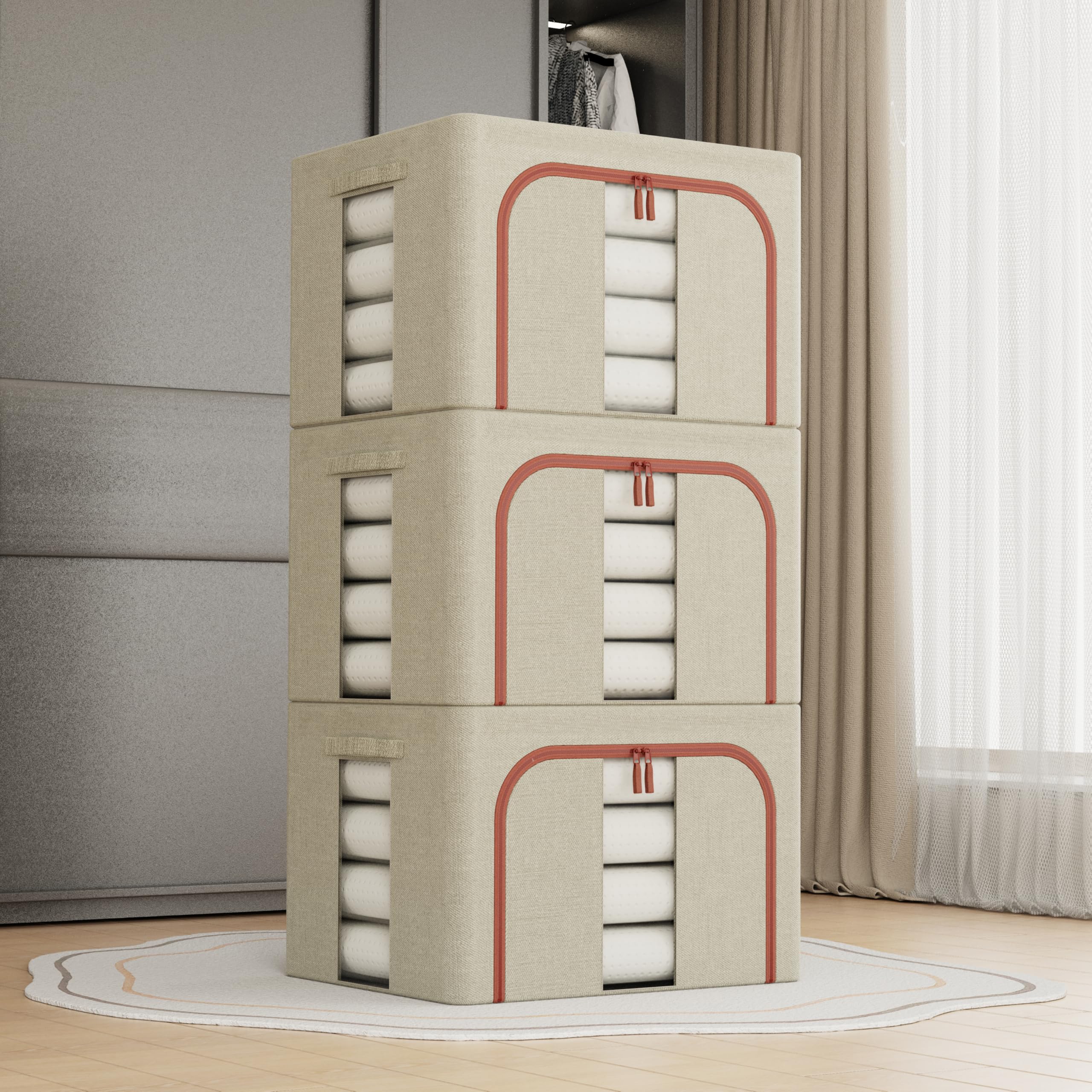 100L Beige Cloth Storage Boxes,3Pcs Clothes Storage Bins with Metal Frame,Foldable Fabric Bins Organizer for Clothes,Stackable Openings Cloth Storage Bin with Lid,Clear Windows,Zippers,Durable Handles
