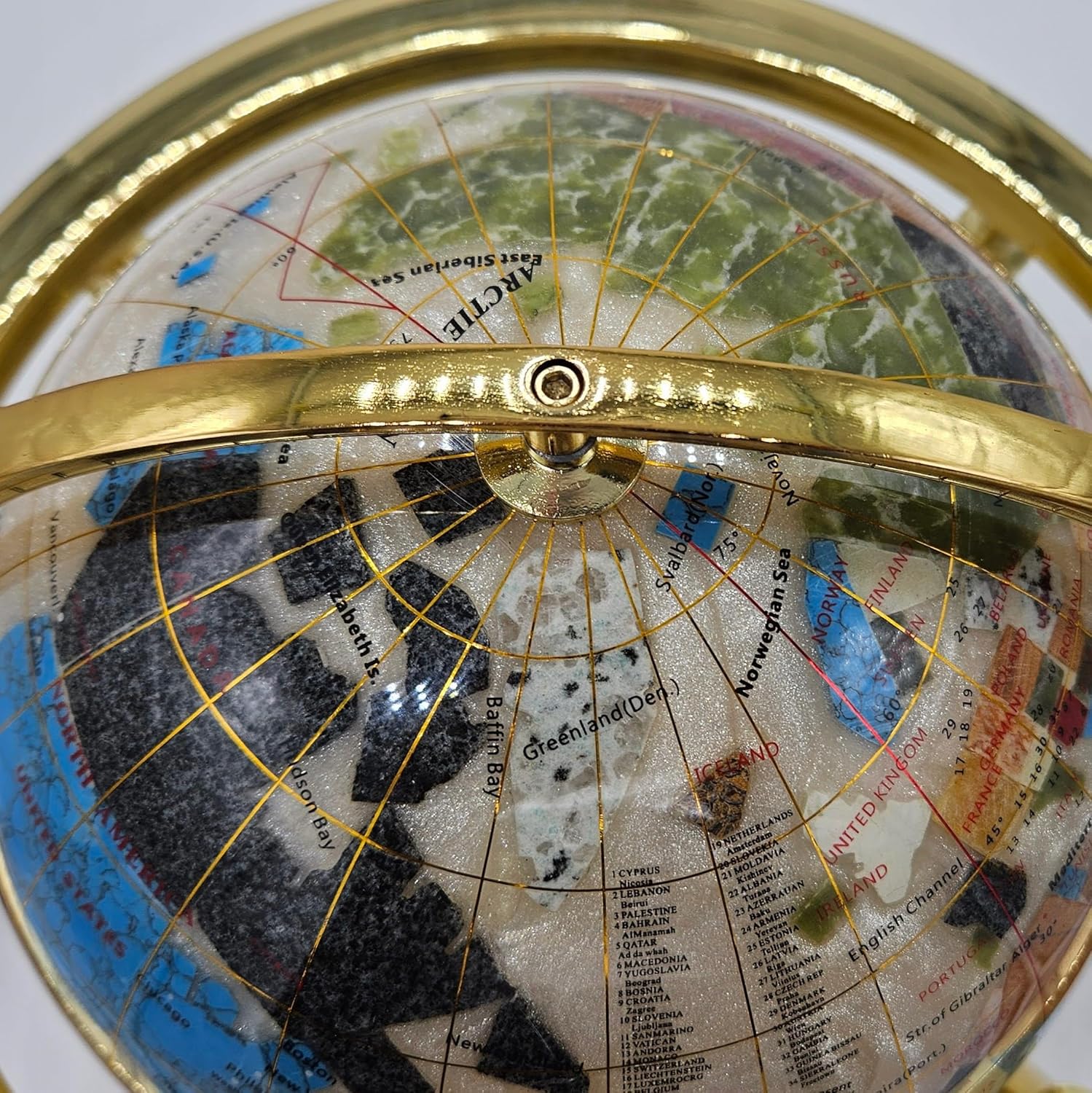 Unique Art 13" Tall 9" Diameter Pearl White Ocean Desktop 4-Leg Gold Stand Gemstone Globe