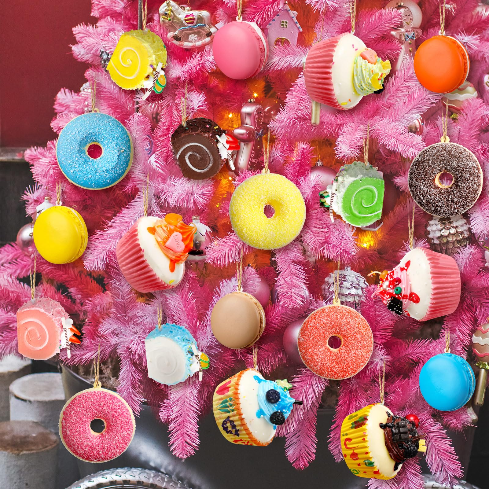 Vercraft 21 Pieces Christmas Candy Tree Ornaments Set Macaroon Donuts Lollipop Cake Hanging Ornaments for Xmas Party Tree Fireplace Decorations, 4