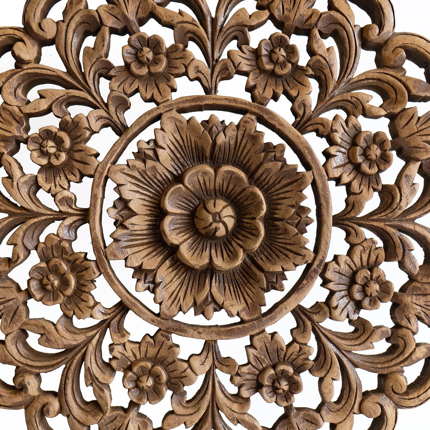 Circle Medallion Wall Art Hanging, Extra Thick Teak Wood Lotus Carving, Rustic Brown Stain Finish, 24 inches