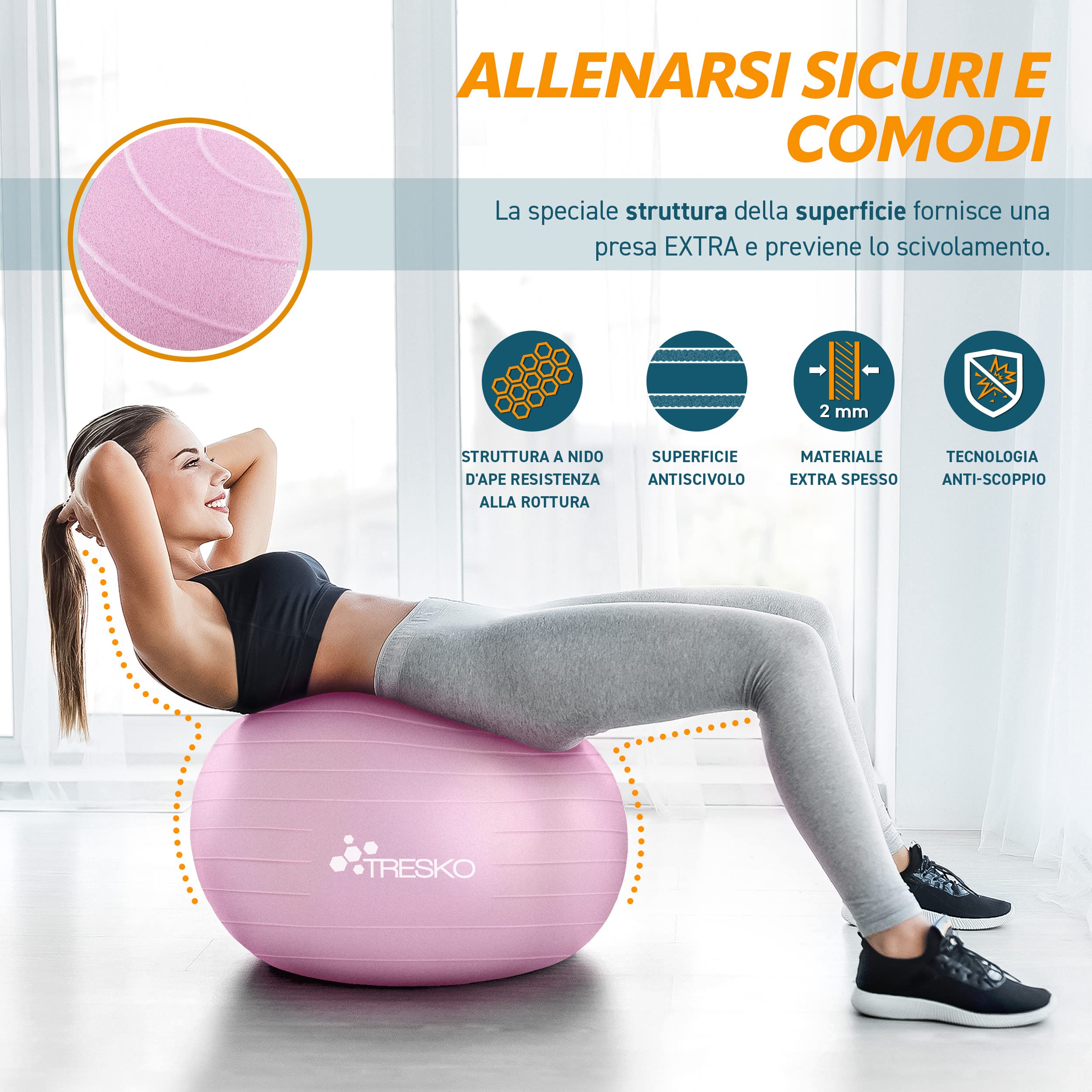TRESKO Palla Fitness, Palla Pilates Anti-Scoppio 55cm/65cm/75cm/85cm Palla da Ginnastica con Pompa Rapida per Fitness Yoga e Pilates