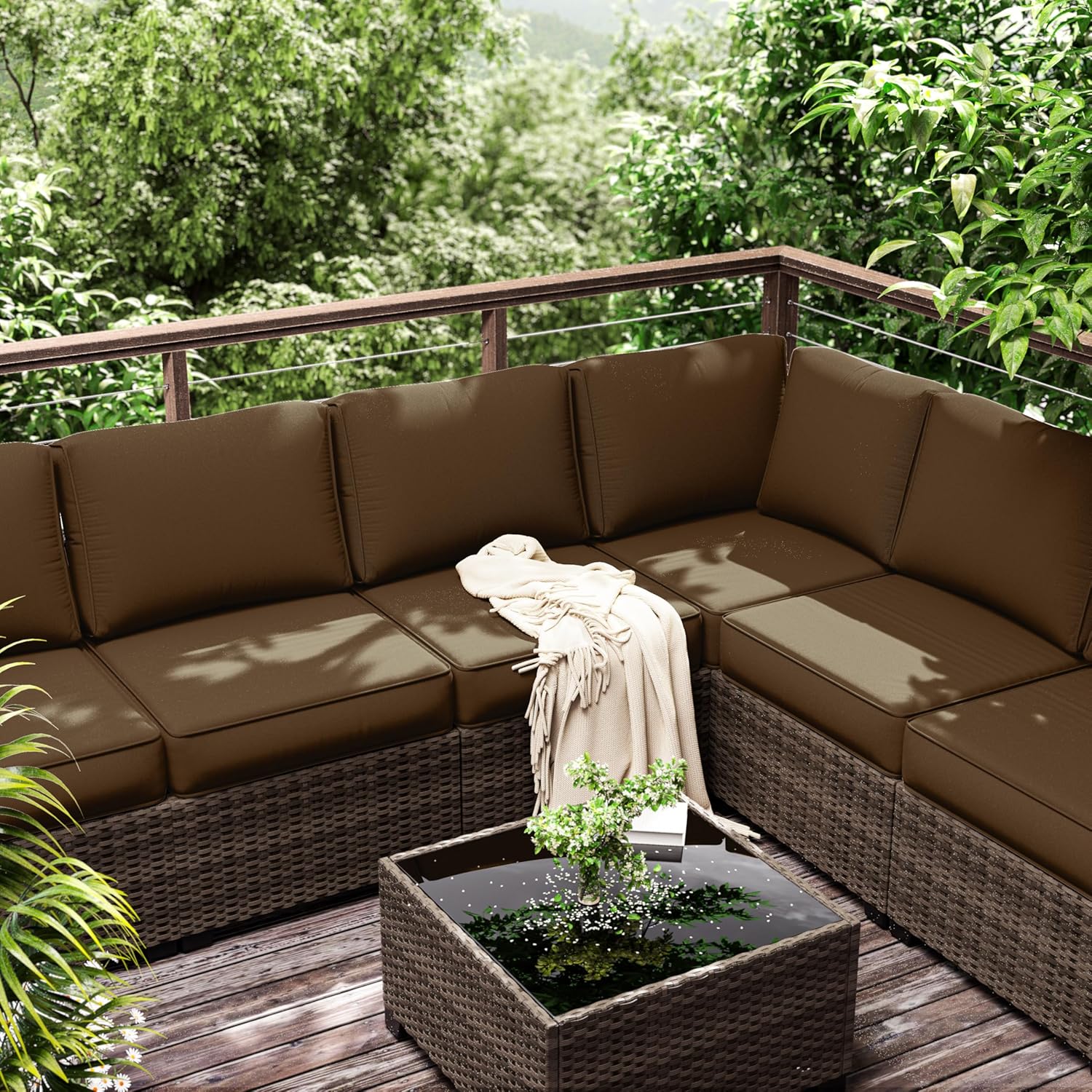 Outdoor Furniture Replacement Cushions, 5" Foam Foam High-Density, Fits 6-seat Sectional Rattan Conversation Set, 14 Piece Patio Water-Resistant Replacement Sofa Cushions, Liner&Cover