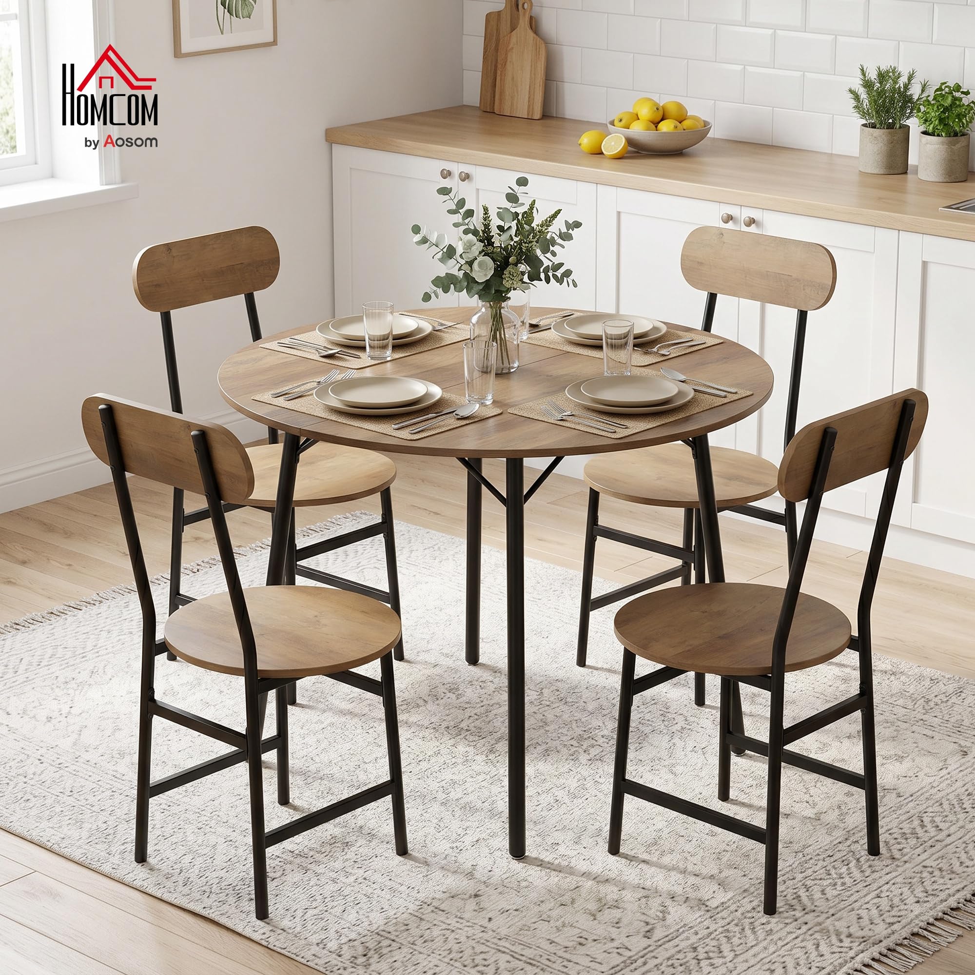 HOMCOM Set Tavolo e Sedie Sala da Pranzo 5 Pezzi, Set da Pranzo per 4 Persone Industriale con Tavolo Cucina Rotondo Effetto Legno e 4 Sedie Salvaspazio, Gambe Metallo, per Soggiorno Cucina Color Legno
