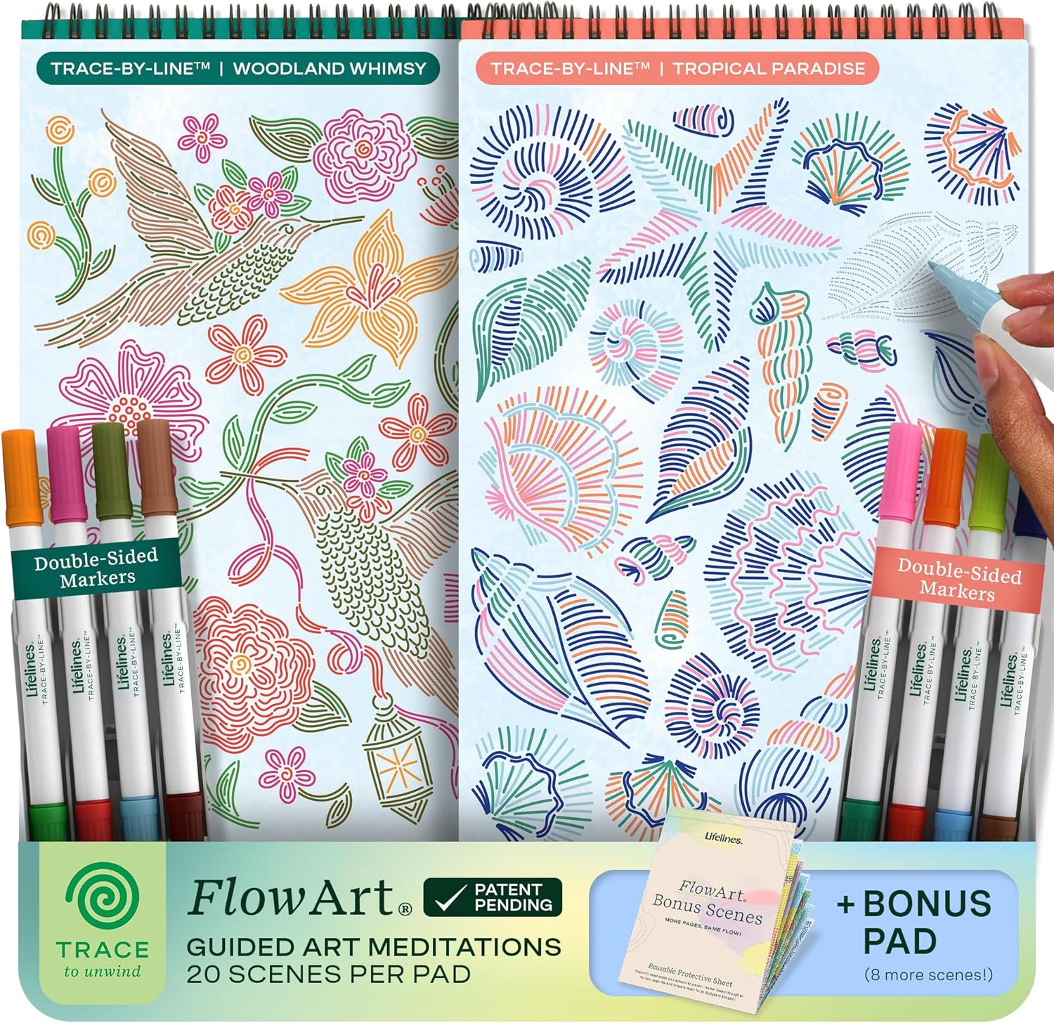 Lifelines FlowArt Activity Pads, 2-Pack & Bonus Pad - Guided Tracing Art Meditations with Markers - 8 Double-Sided Markers & 48 Scenes - Trace-by-Line Coloring Books for Tweens, Adults & Seniors